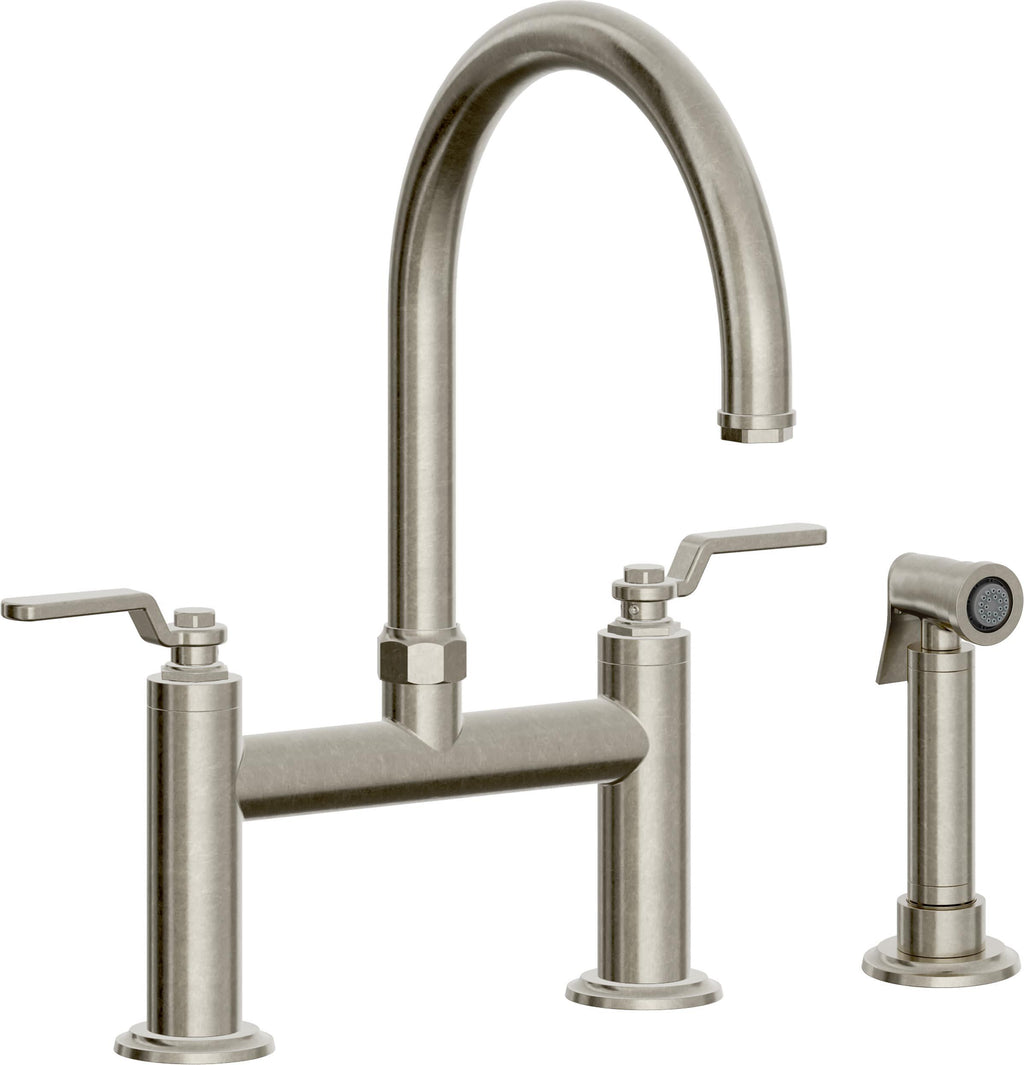 California Faucets Descanso Works Llave de Cocina Tipo Puente Industrial con Rociador Lateral - Pico en Arco - Níquel Bruñido