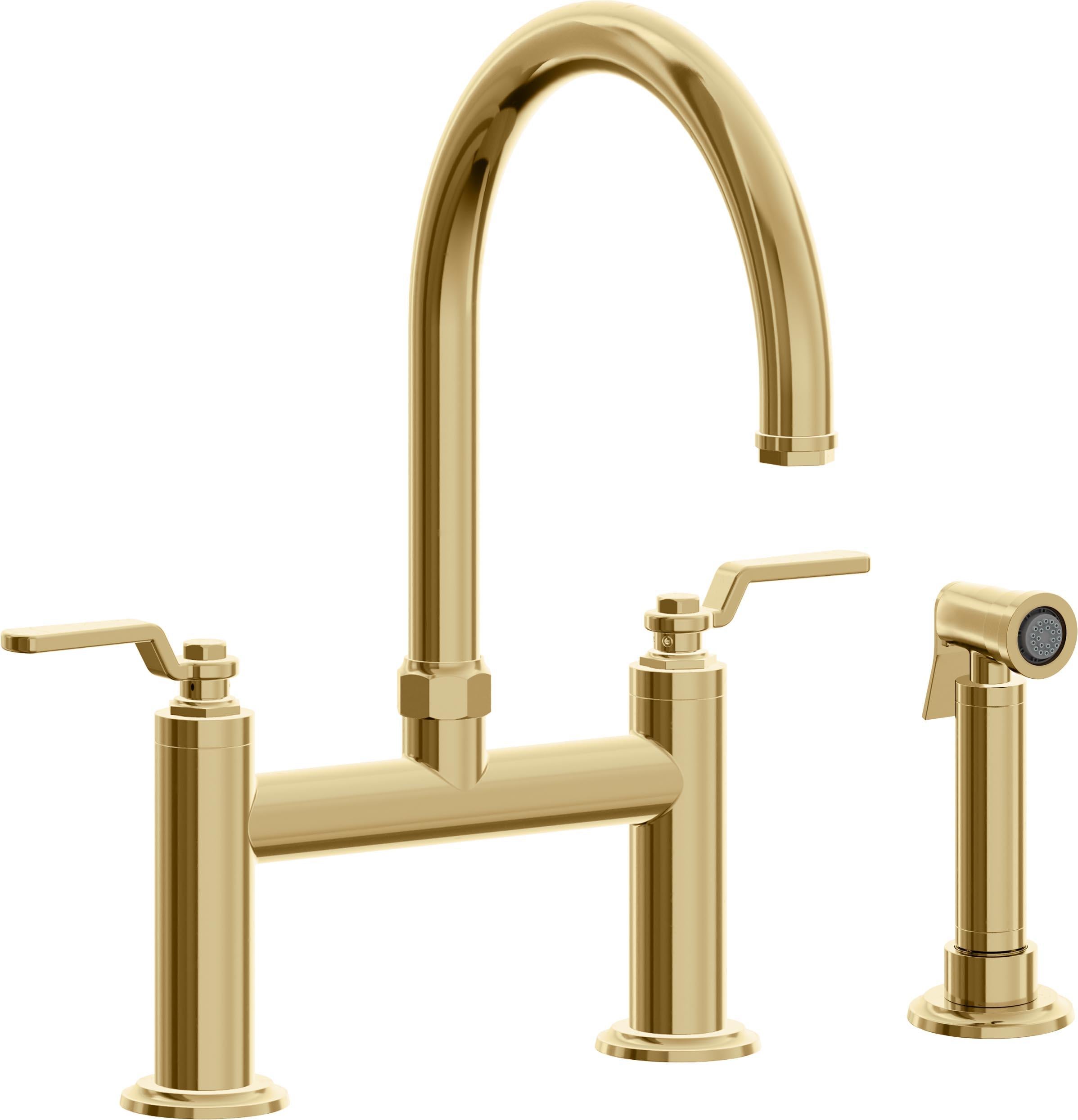 California Faucets Descanso Works Llave de Cocina Tipo Puente Industrial con Rociador Lateral - Pico en Arco - Oro Francés