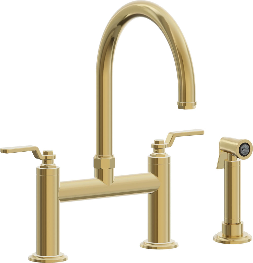 California Faucets Descanso Works Llave de Cocina Tipo Puente Industrial con Rociador Lateral - Pico en Arco - Oro Pulido de por Vida