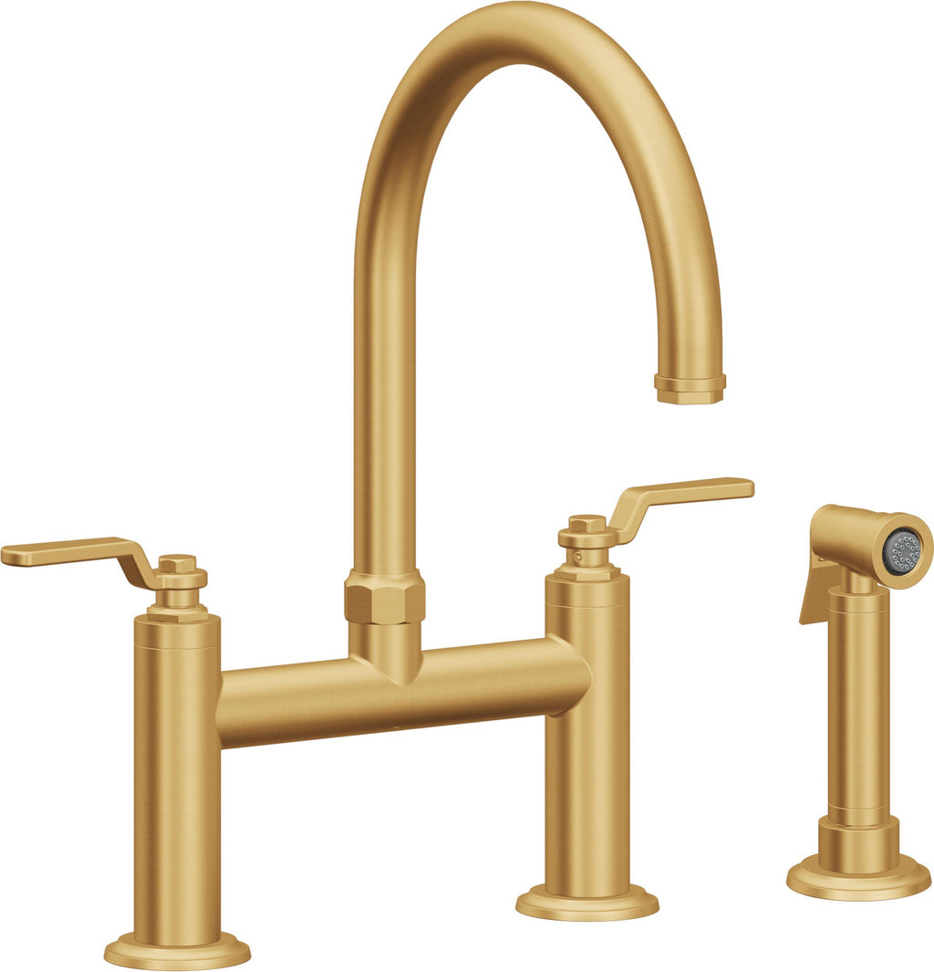 California Faucets Descanso Works Llave de Cocina Tipo Puente Industrial con Rociador Lateral - Pico en Arco - Oro Satinado de por Vida