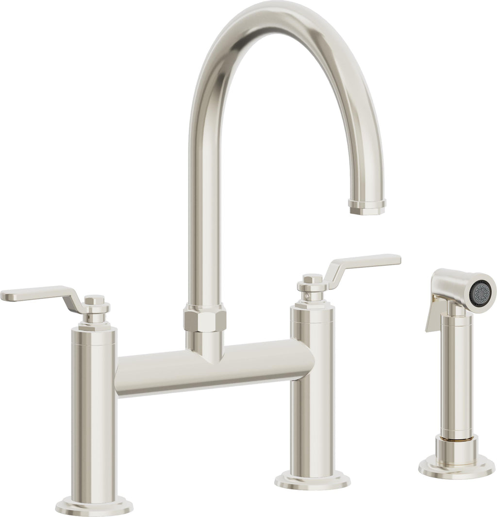 California Faucets Descanso Works Llave de Cocina Tipo Puente Industrial con Rociador Lateral - Pico en Arco - Níquel Pulido