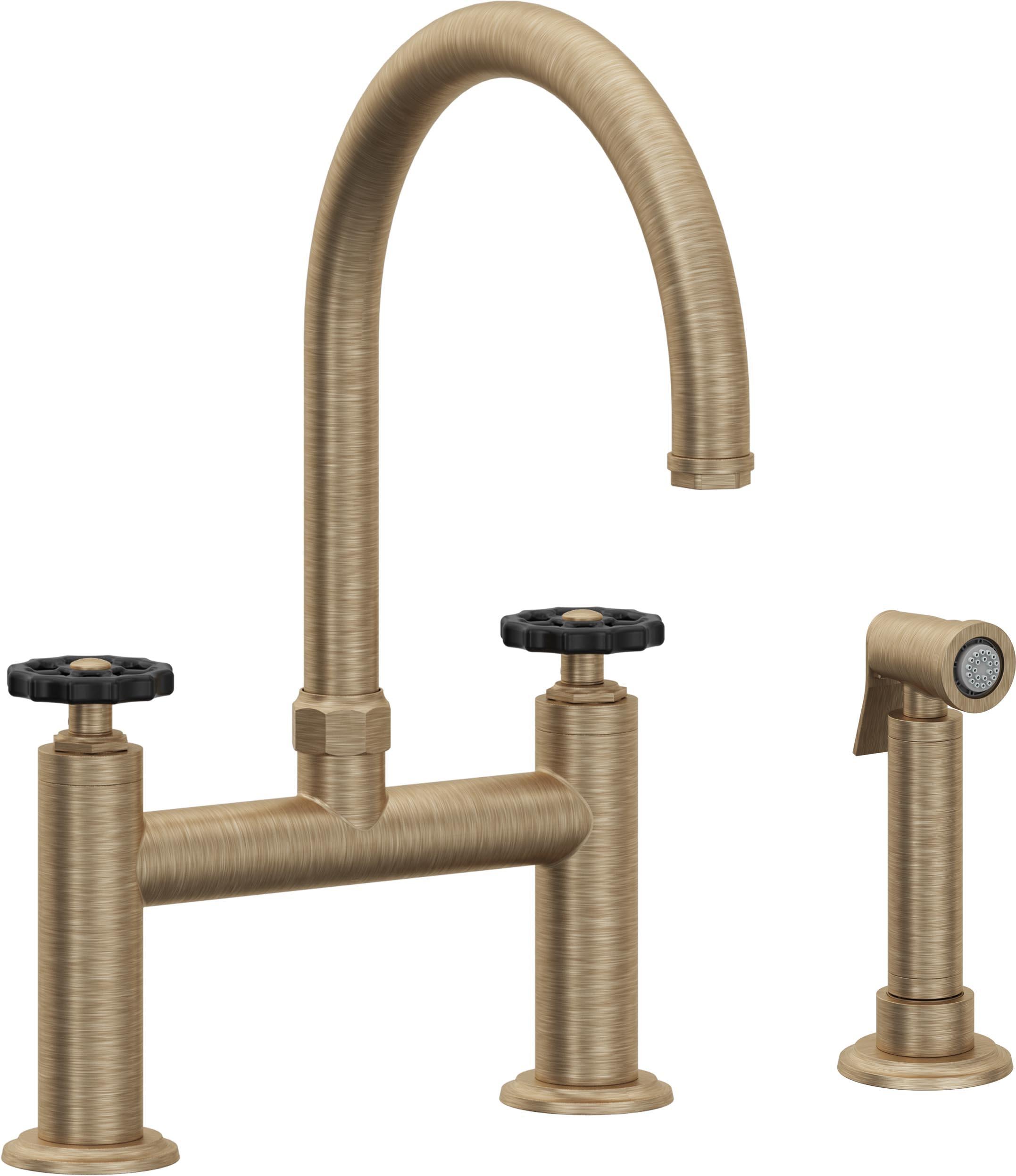 California Faucets Descanso Works Llave de Cocina Tipo Puente Industrial con Rociador Lateral - Pico en Arco - Latón Antiguo Mate