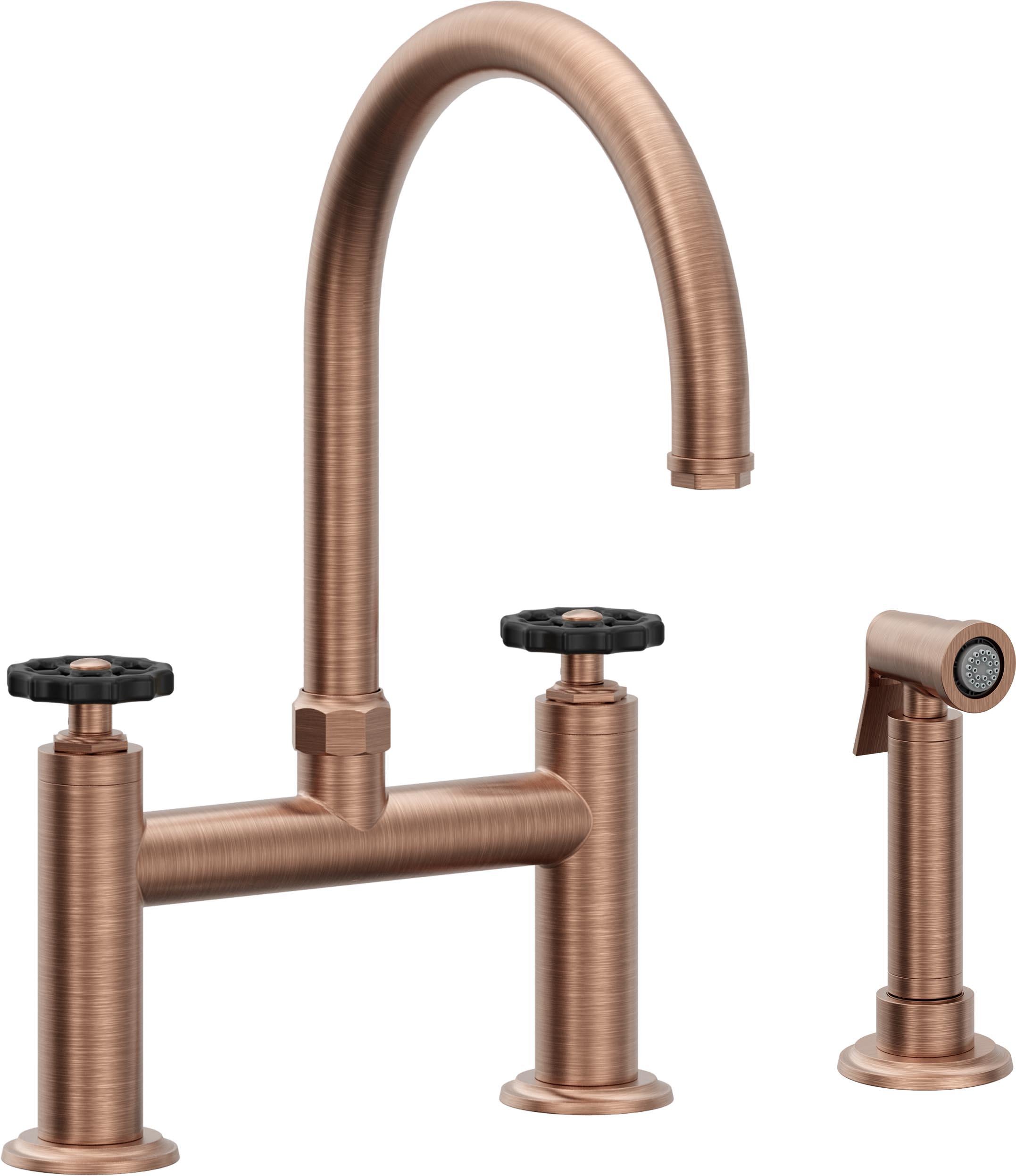 California Faucets Descanso Works Llave de Cocina Tipo Puente Industrial con Rociador Lateral - Pico en Arco - Cobre Antiguo Mate