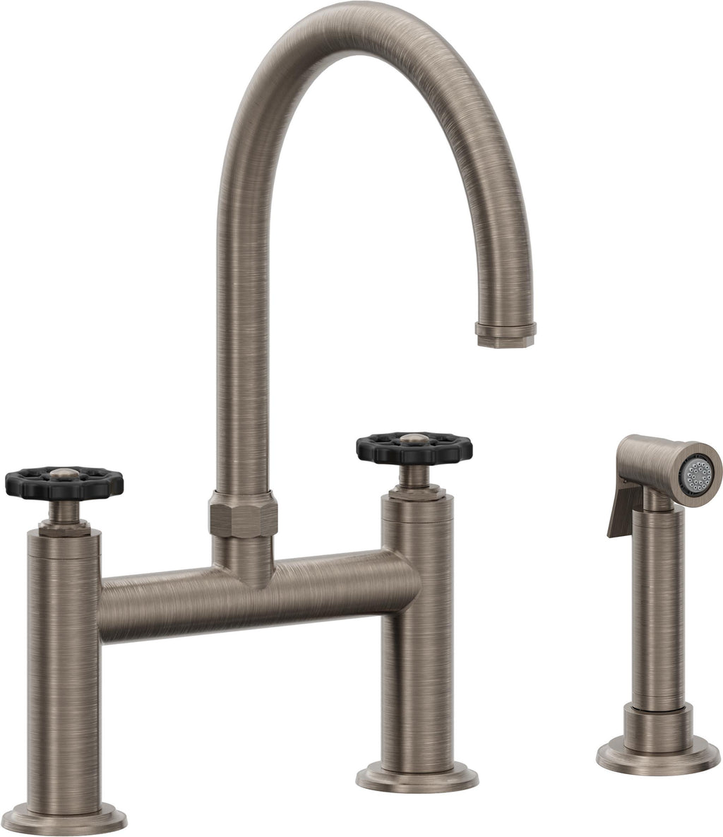 California Faucets Descanso Works Llave de Cocina Tipo Puente Industrial con Rociador Lateral - Pico en Arco - Níquel Antiguo Mate