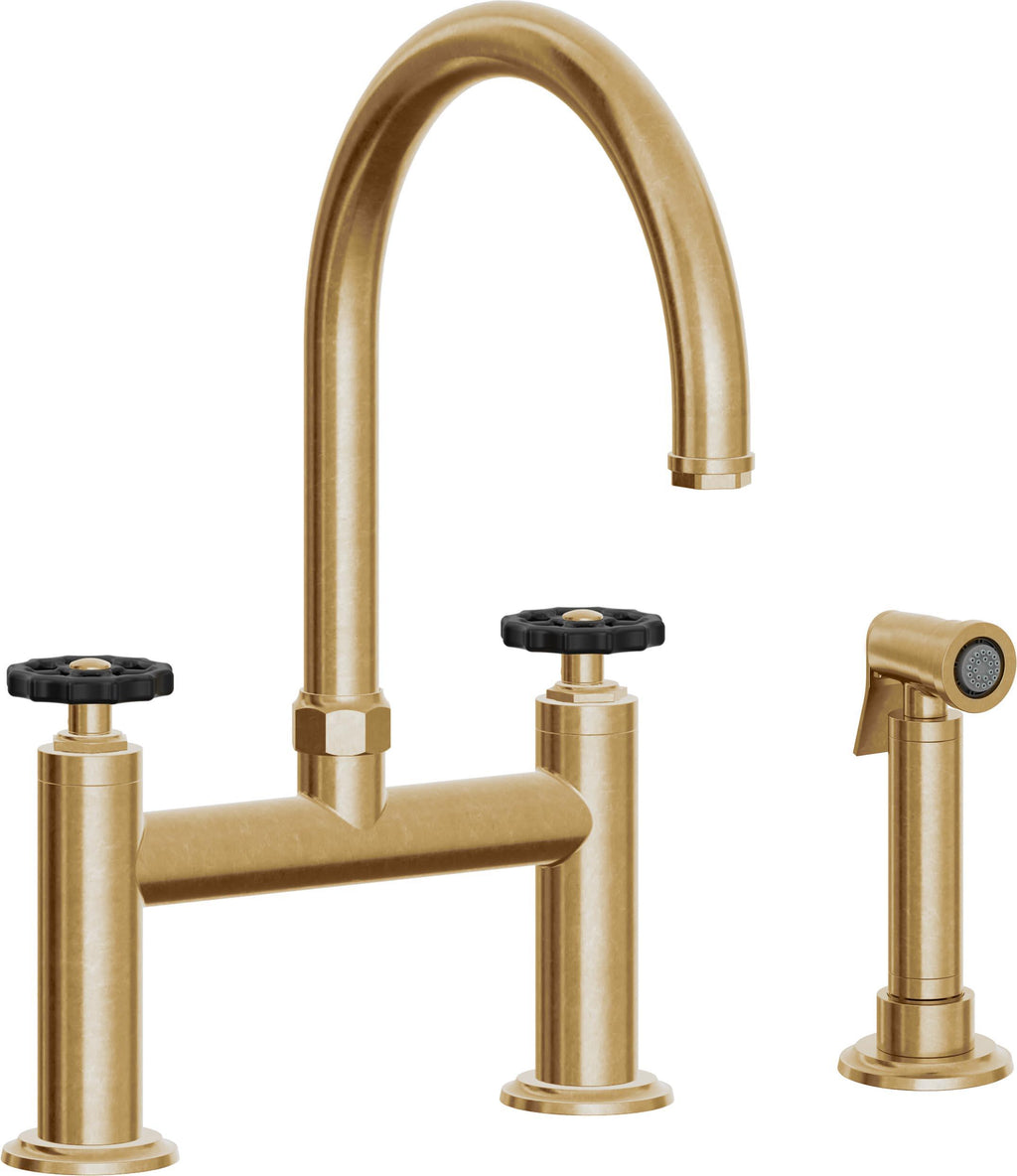 California Faucets Descanso Works Llave de Cocina Tipo Puente Industrial con Rociador Lateral - Pico en Arco - Latón Bruñido
