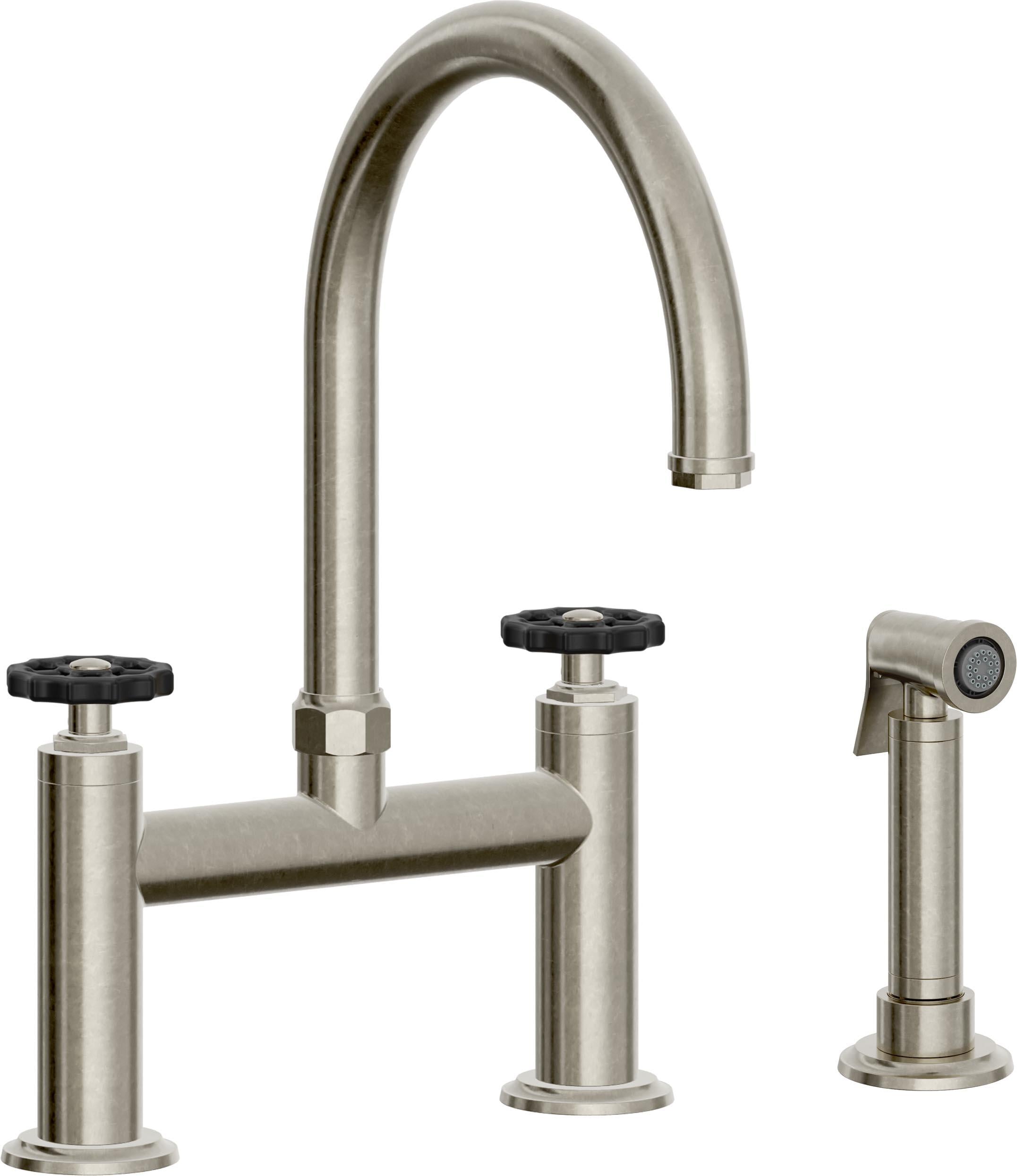 California Faucets Descanso Works Llave de Cocina Tipo Puente Industrial con Rociador Lateral - Pico en Arco - Níquel Bruñido