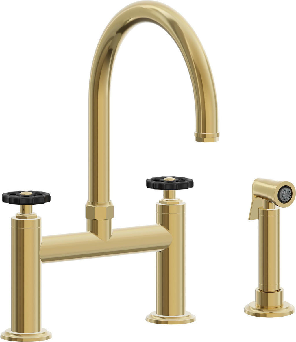 California Faucets Descanso Works Llave de Cocina Tipo Puente Industrial con Rociador Lateral - Pico en Arco - Oro Pulido de por Vida