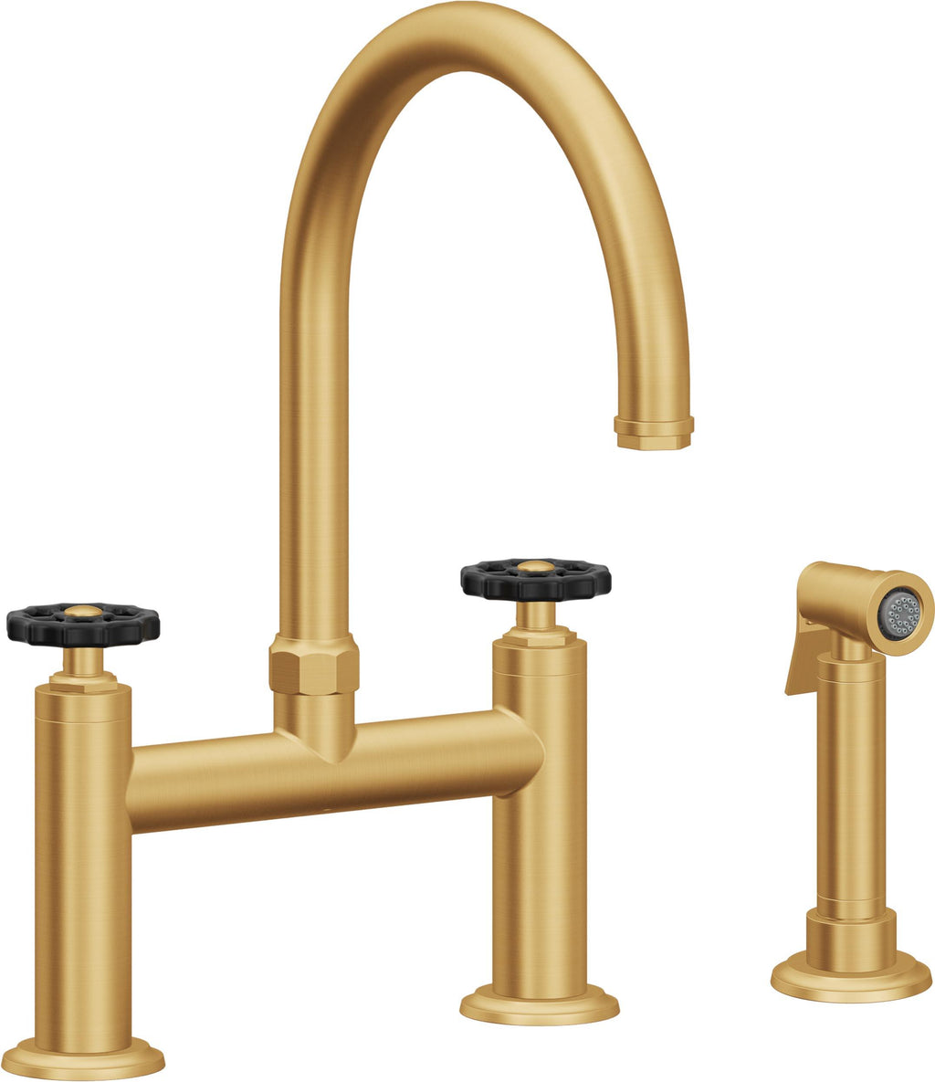 California Faucets Descanso Works Llave de Cocina Tipo Puente Industrial con Rociador Lateral - Pico en Arco - Oro Satinado de por Vida