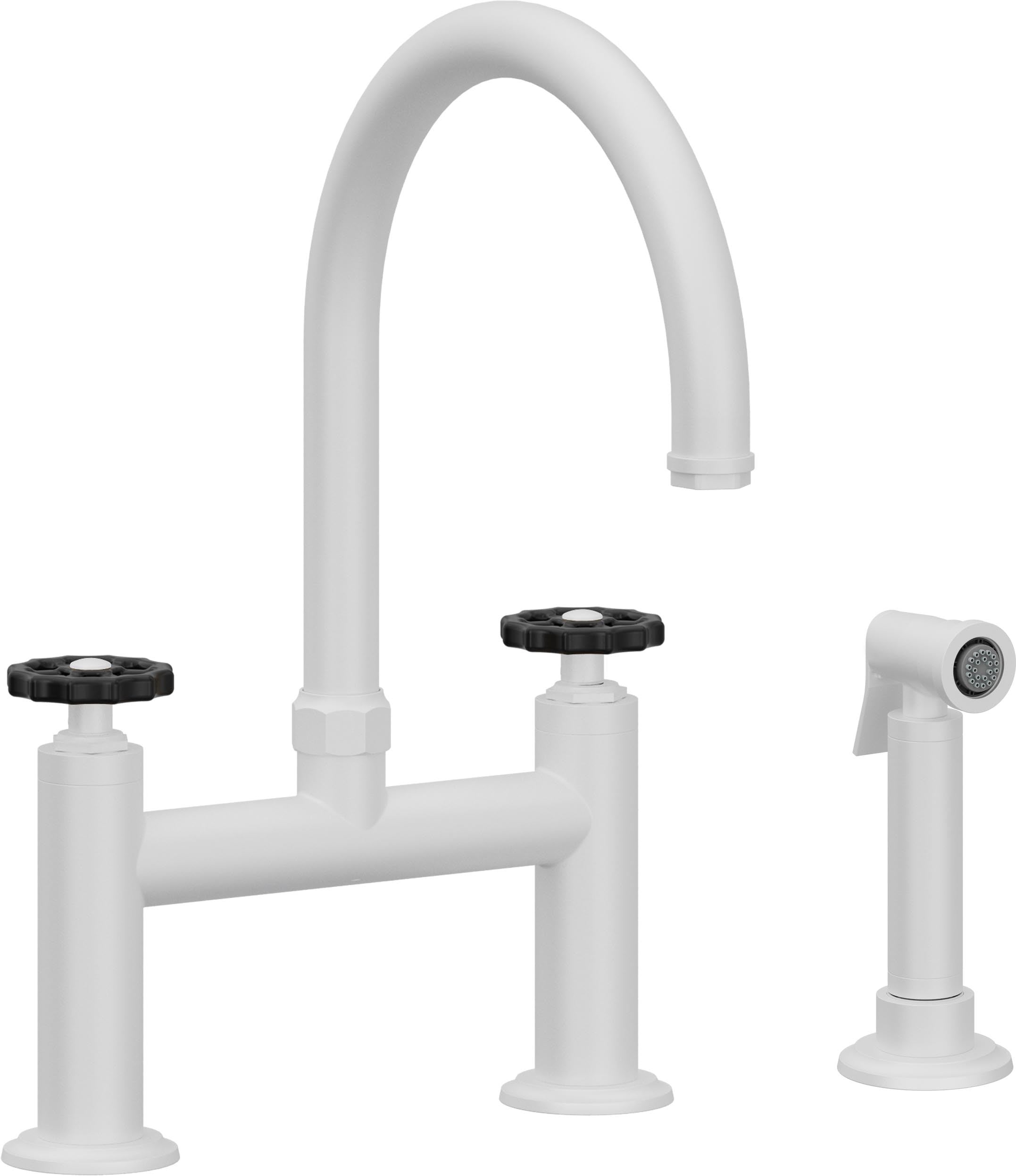 California Faucets Descanso Works Llave de Cocina Tipo Puente Industrial con Rociador Lateral - Pico en Arco - Blanco Mate