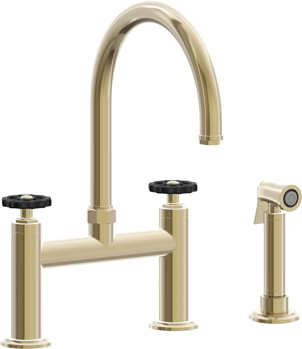 California Faucets Descanso Works Llave de Cocina Tipo Puente Industrial con Rociador Lateral - Pico en Arco - Latón Pulido