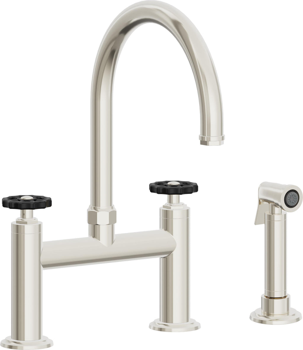 California Faucets Descanso Works Llave de Cocina Tipo Puente Industrial con Rociador Lateral - Pico en Arco - Níquel Pulido