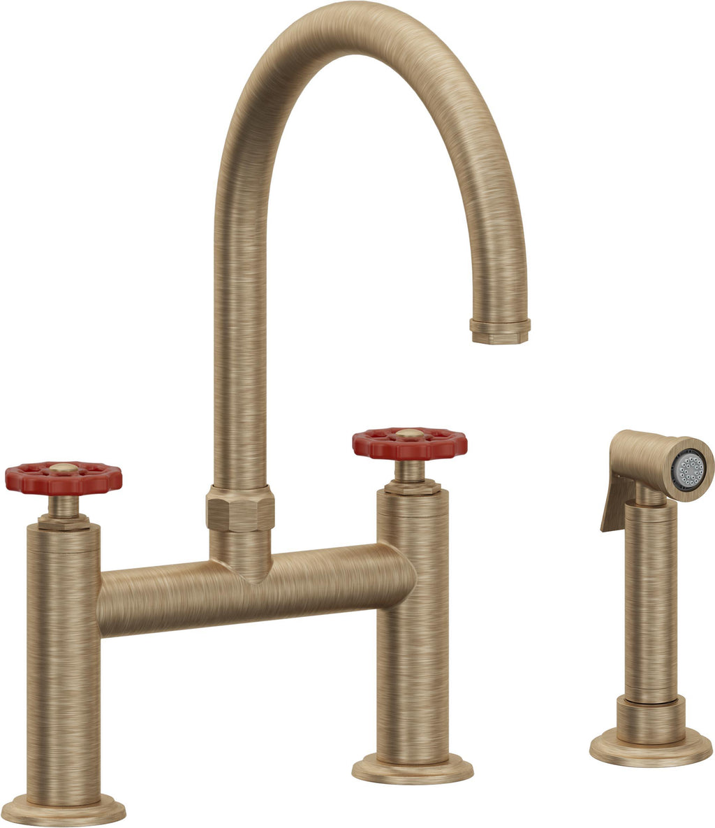 California Faucets Descanso Works Llave de Cocina Tipo Puente Industrial con Rociador Lateral - Pico en Arco - Latón Antiguo Mate