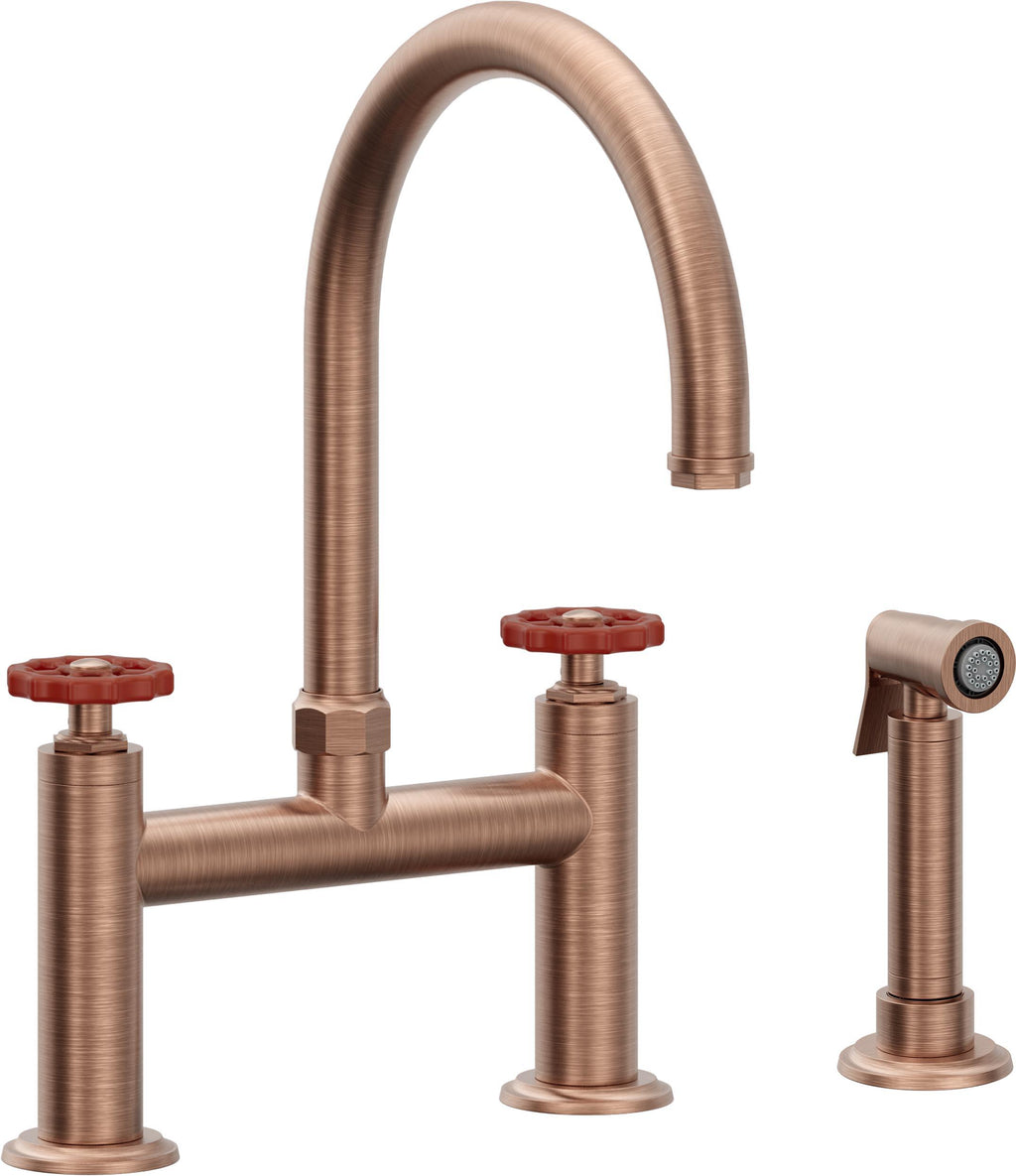 California Faucets Descanso Works Llave de Cocina Tipo Puente Industrial con Rociador Lateral - Pico en Arco - Cobre Antiguo Mate