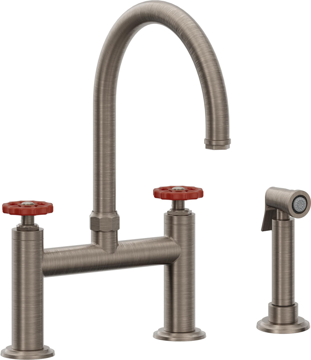 California Faucets Descanso Works Llave de Cocina Tipo Puente Industrial con Rociador Lateral - Pico en Arco - Níquel Antiguo Mate