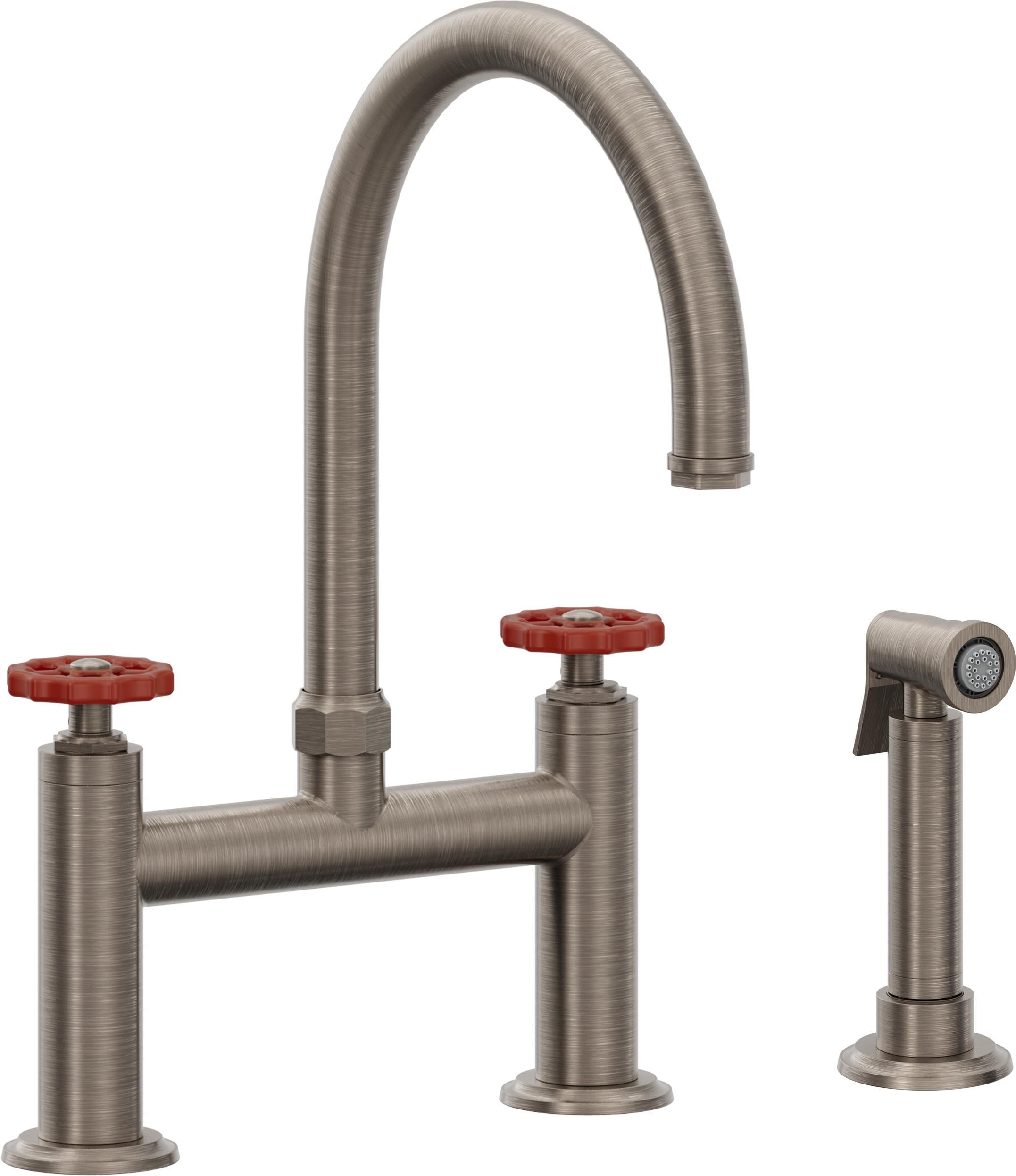 California Faucets Descanso Works Llave de Cocina Tipo Puente Industrial con Rociador Lateral - Pico en Arco - Níquel Antiguo Mate