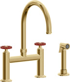 California Faucets Descanso Works Llave de Cocina Tipo Puente Industrial con Rociador Lateral - Pico en Arco - Oro Francés