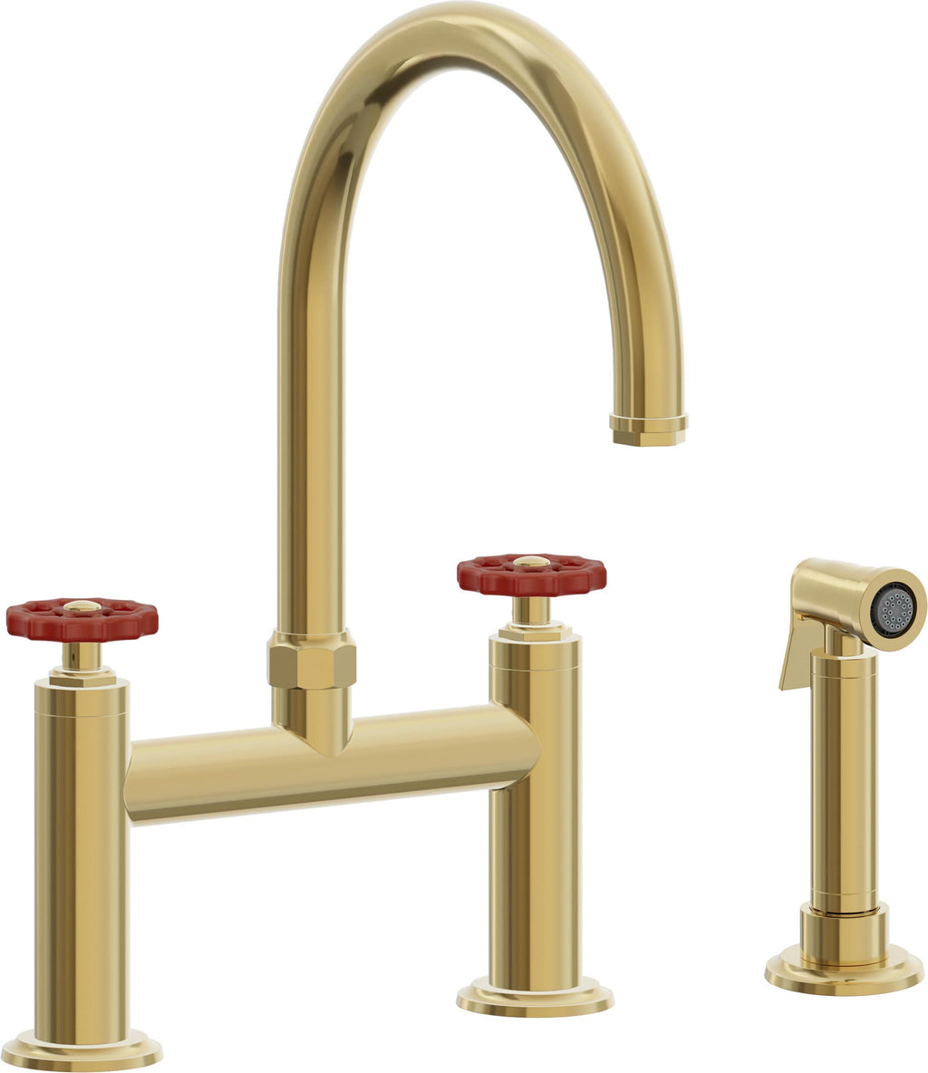 California Faucets Descanso Works Llave de Cocina Tipo Puente Industrial con Rociador Lateral - Pico en Arco - Oro Pulido de por Vida