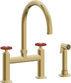 California Faucets Descanso Works Llave de Cocina Tipo Puente Industrial con Rociador Lateral - Pico en Arco - Oro Pulido de por Vida