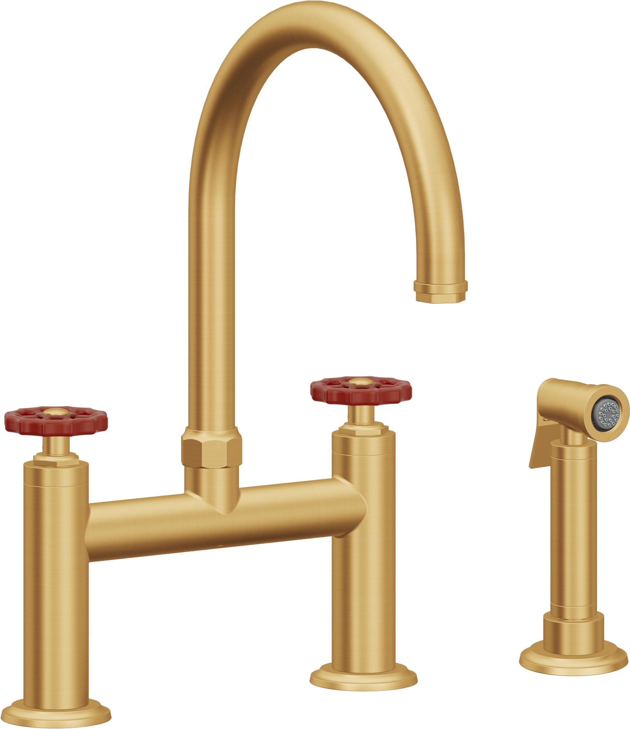 California Faucets Descanso Works Llave de Cocina Tipo Puente Industrial con Rociador Lateral - Pico en Arco - Oro Satinado de por Vida