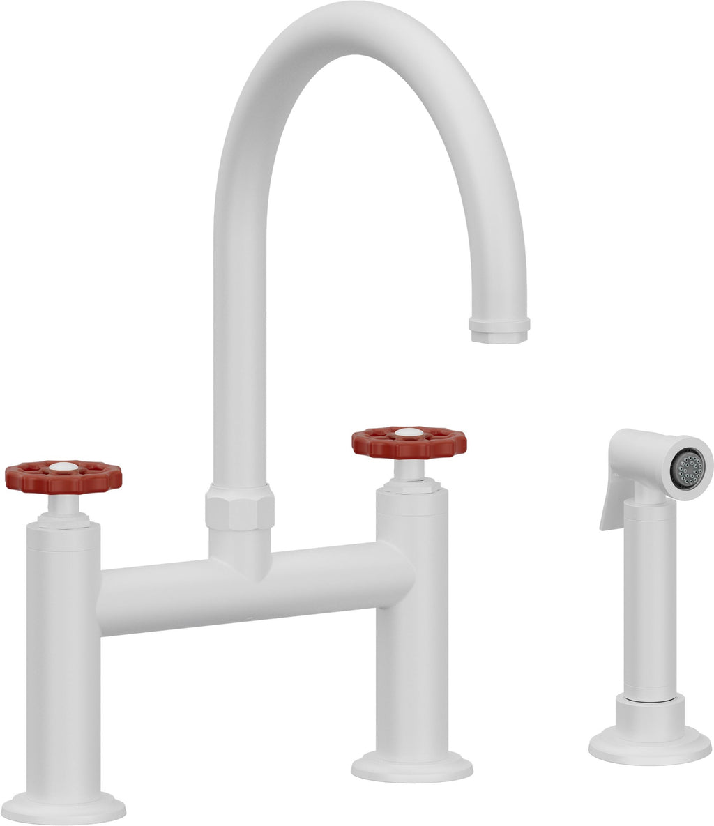 California Faucets Descanso Works Llave de Cocina Tipo Puente Industrial con Rociador Lateral - Pico en Arco - Blanco Mate