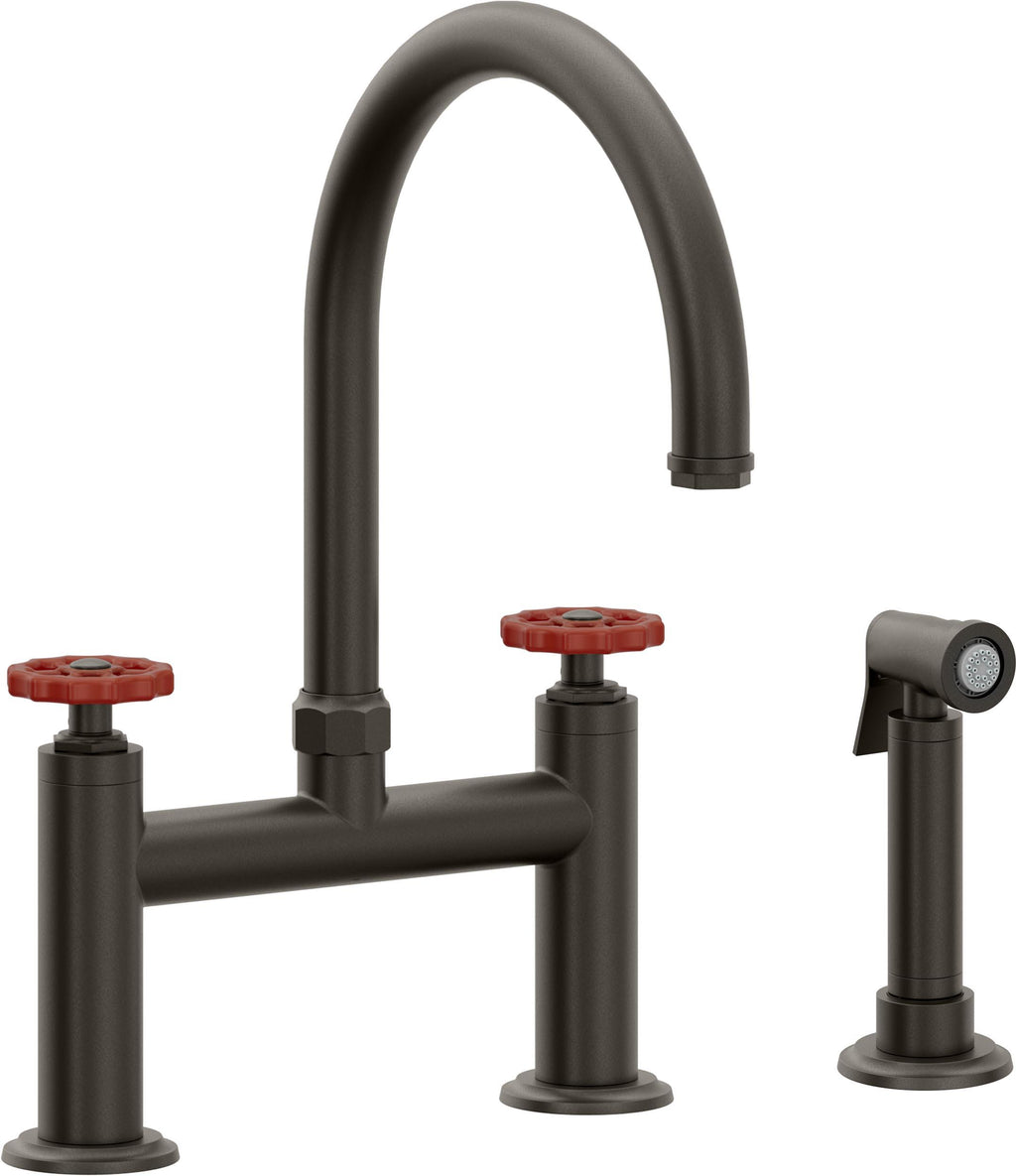 California Faucets Descanso Works Llave de Cocina Tipo Puente Industrial con Rociador Lateral - Pico en Arco - Bronce Oscuro