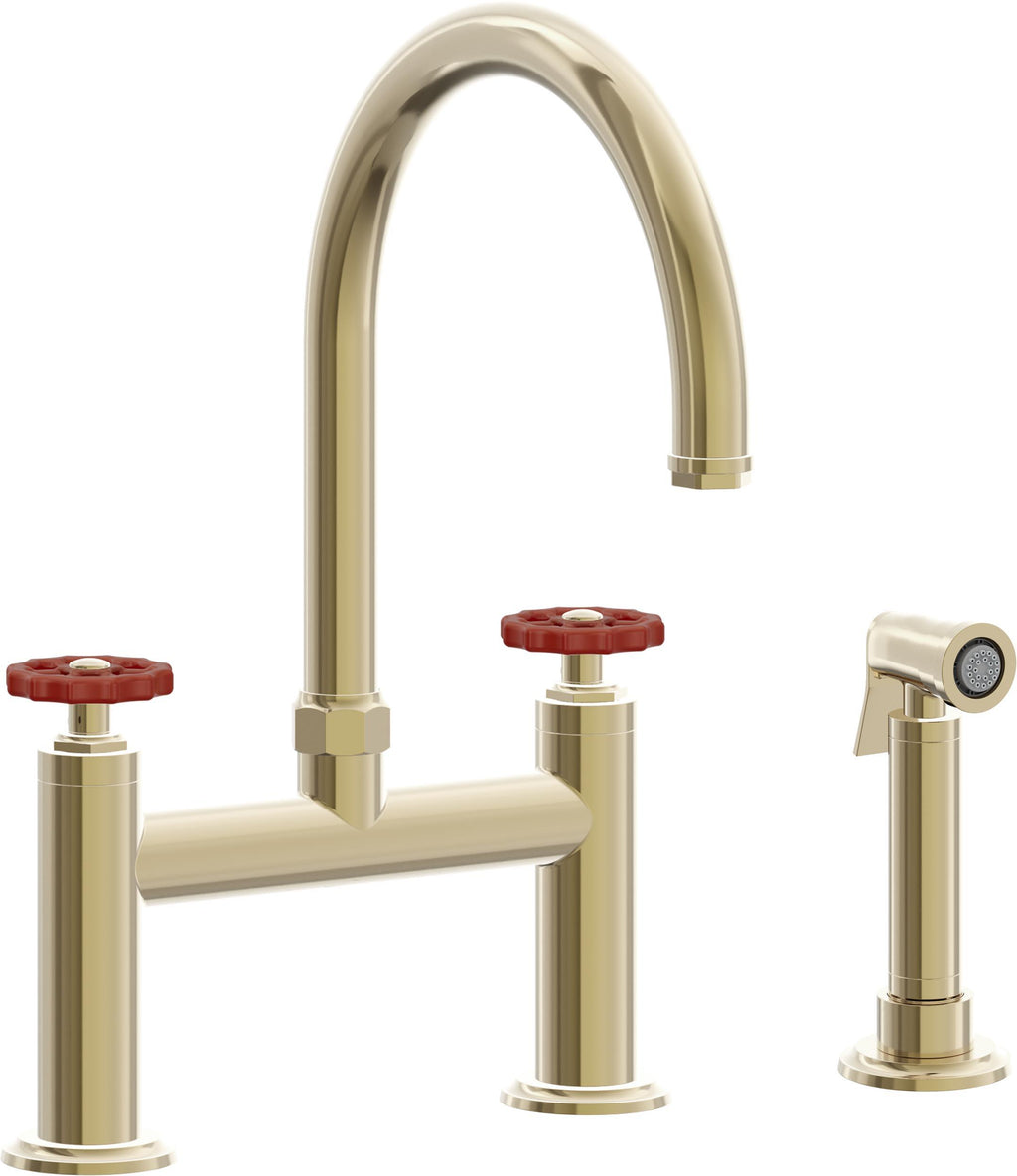 California Faucets Descanso Works Llave de Cocina Tipo Puente Industrial con Rociador Lateral - Pico en Arco - Latón Pulido