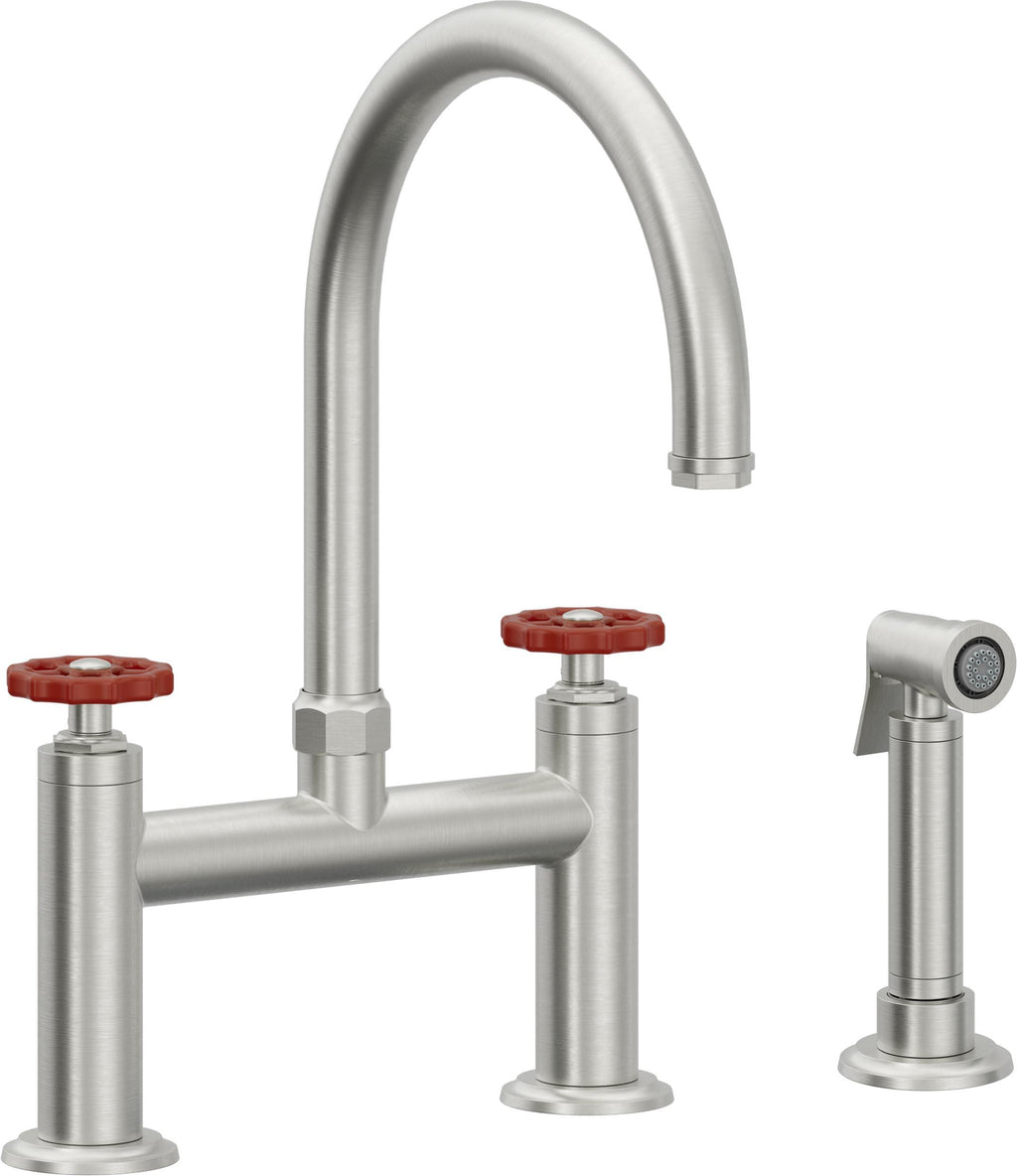 California Faucets Descanso Works Llave de Cocina Tipo Puente Industrial con Rociador Lateral - Pico en Arco - Cromo Satinado