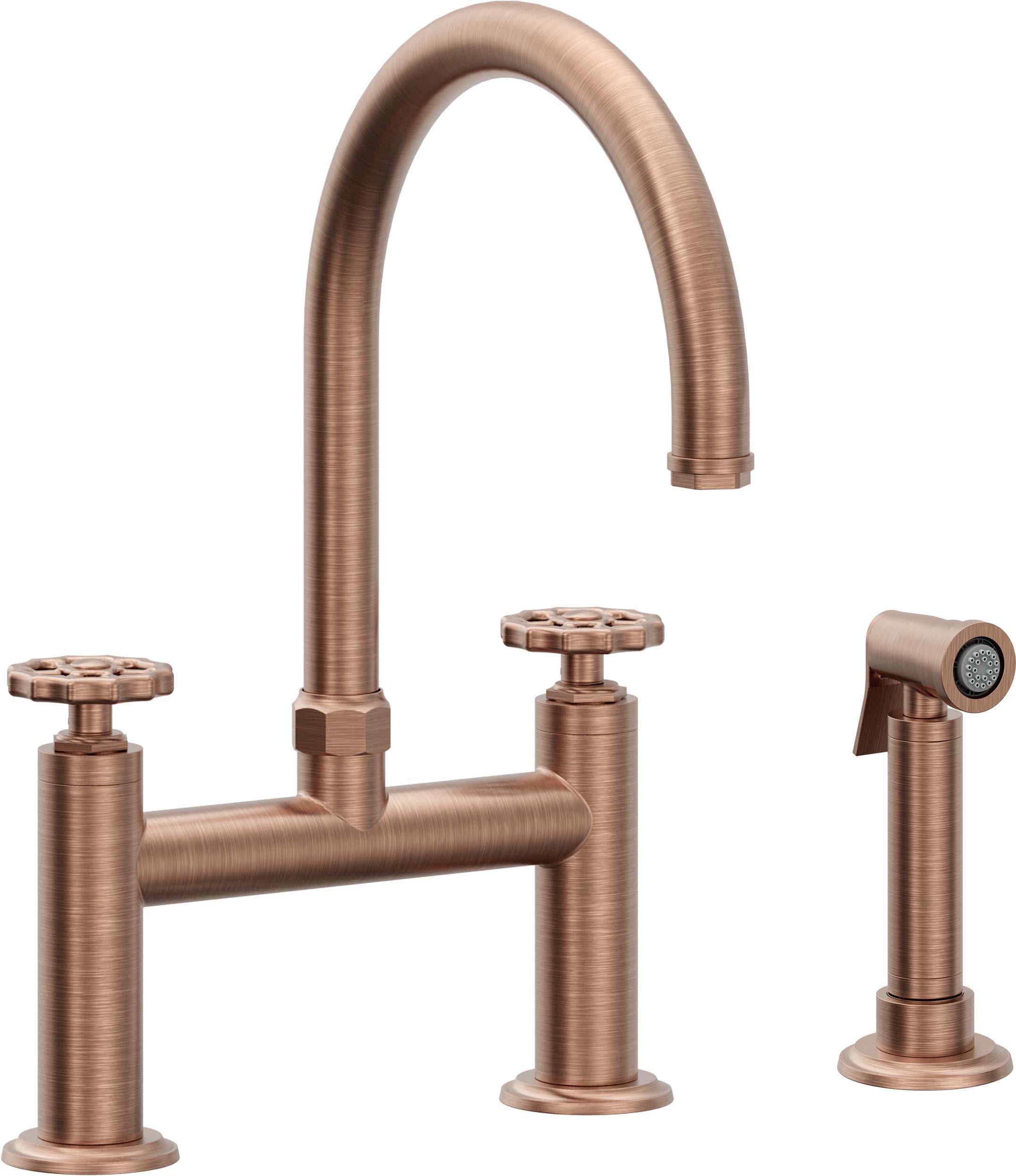 California Faucets Descanso Works Llave de Cocina Tipo Puente Industrial con Rociador Lateral - Pico en Arco - Cobre Antiguo Mate