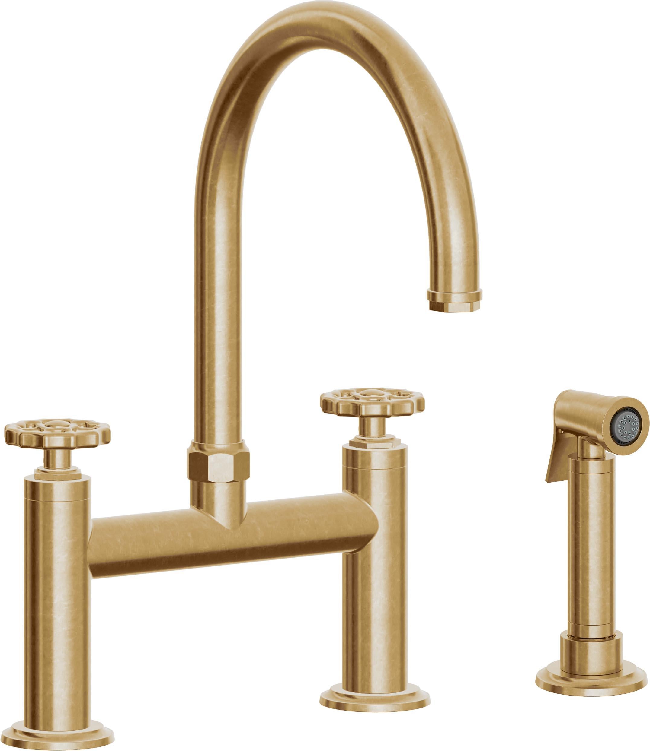 California Faucets Descanso Works Llave de Cocina Tipo Puente Industrial con Rociador Lateral - Pico en Arco - Latón Bruñido