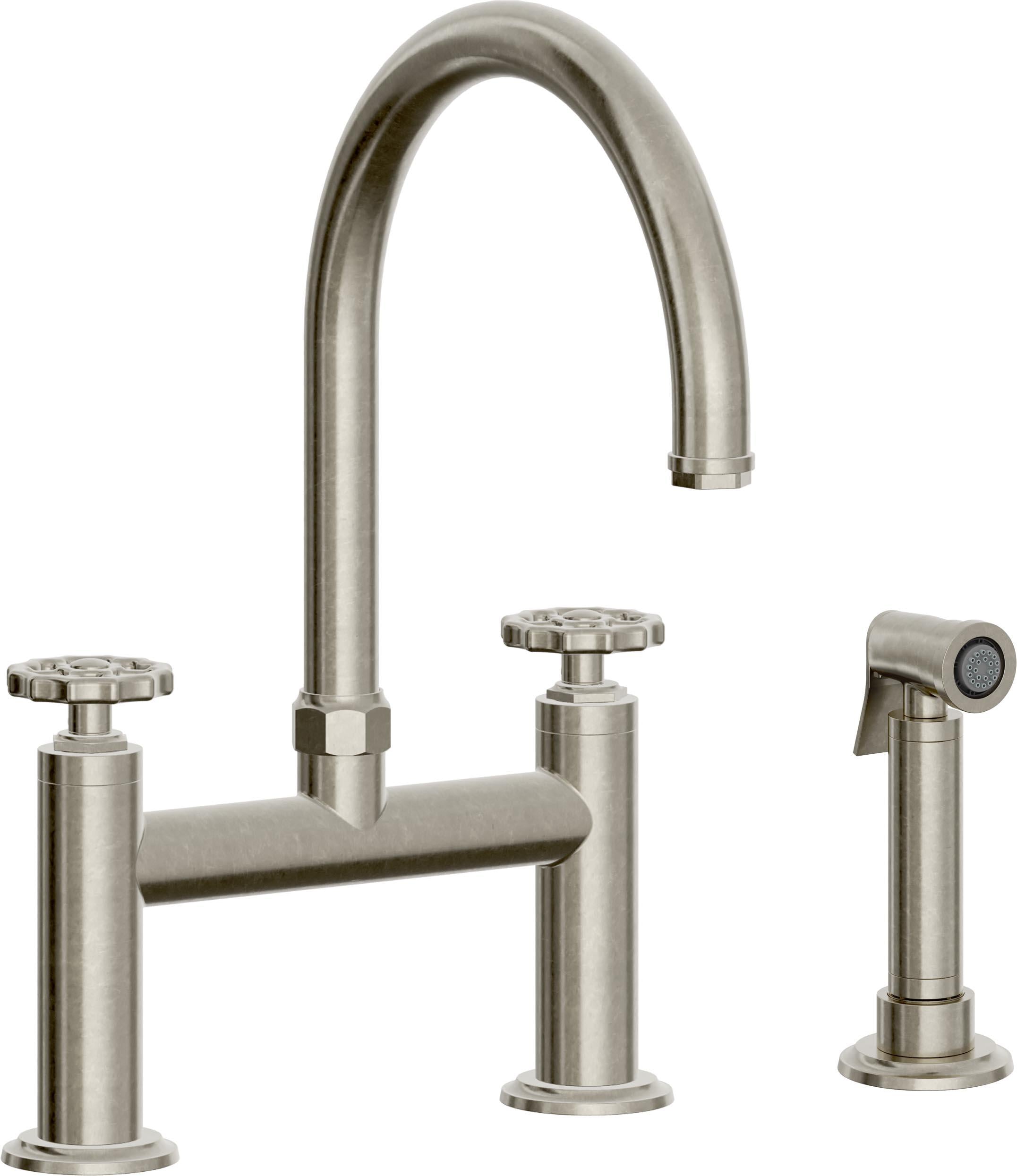 California Faucets Descanso Works Llave de Cocina Tipo Puente Industrial con Rociador Lateral - Pico en Arco - Níquel Bruñido