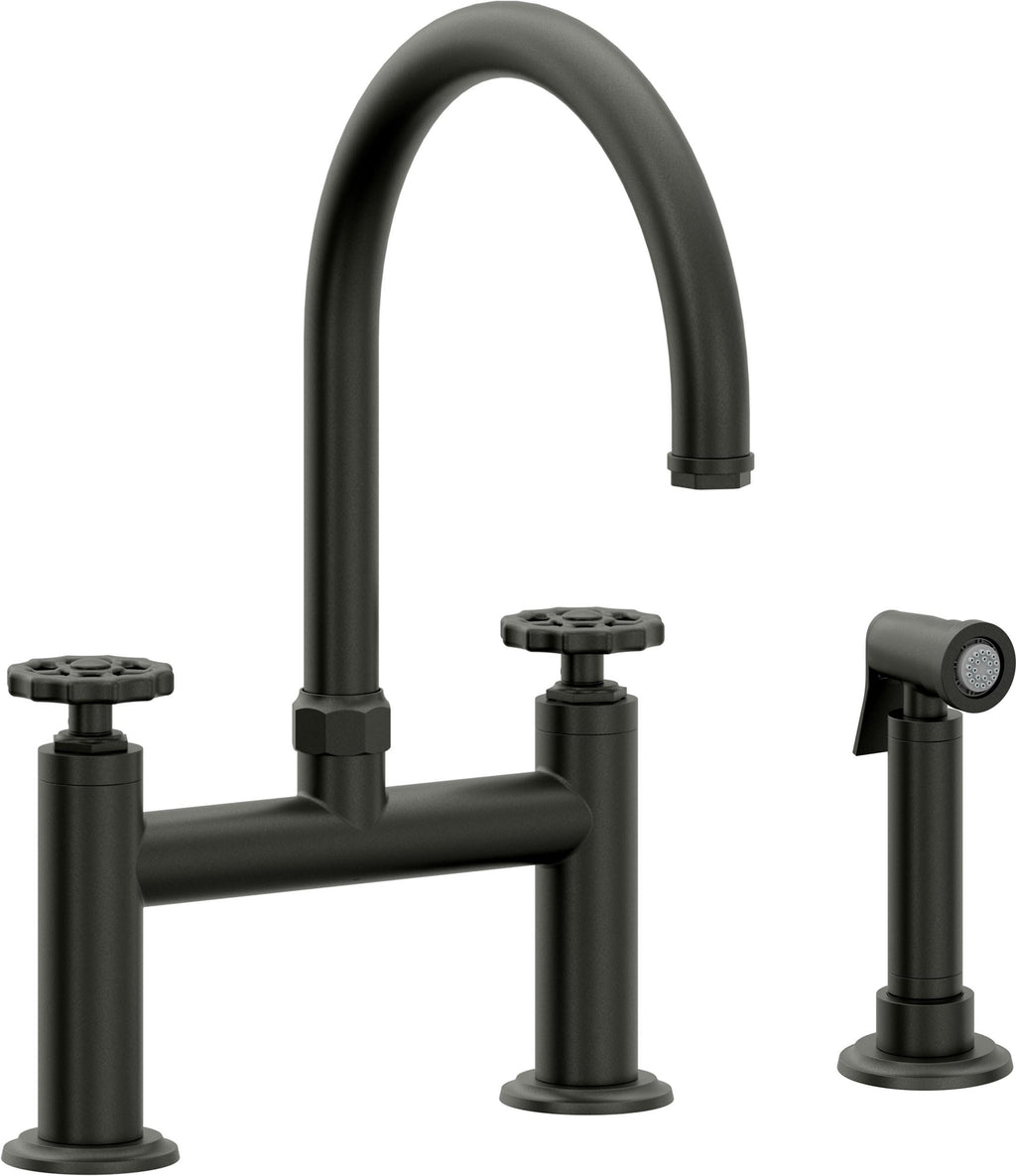 California Faucets Descanso Works Llave de Cocina Tipo Puente Industrial con Rociador Lateral - Pico en Arco - Bronce Bella Terra