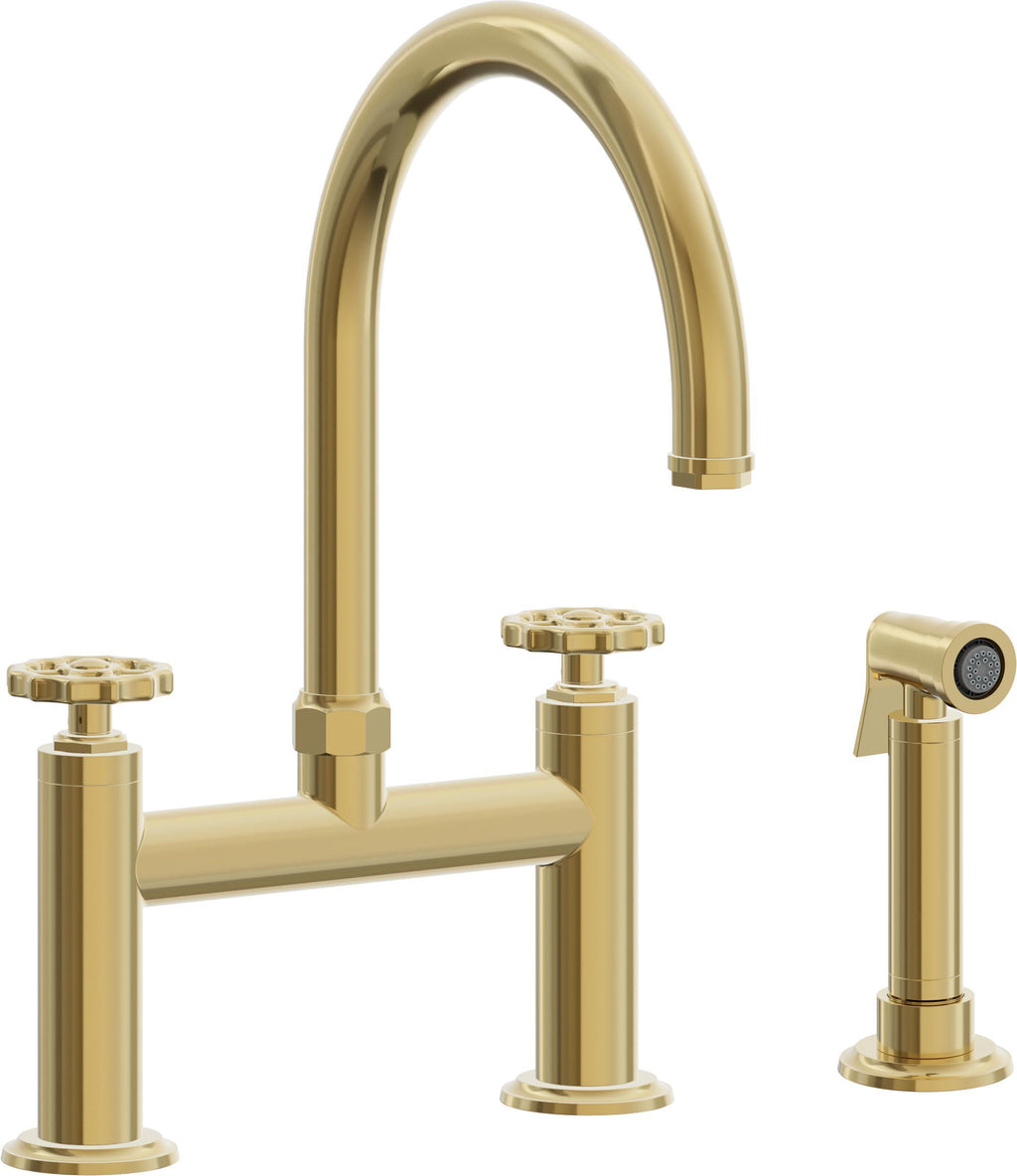 California Faucets Descanso Works Llave de Cocina Tipo Puente Industrial con Rociador Lateral - Pico en Arco - Oro Pulido de por Vida