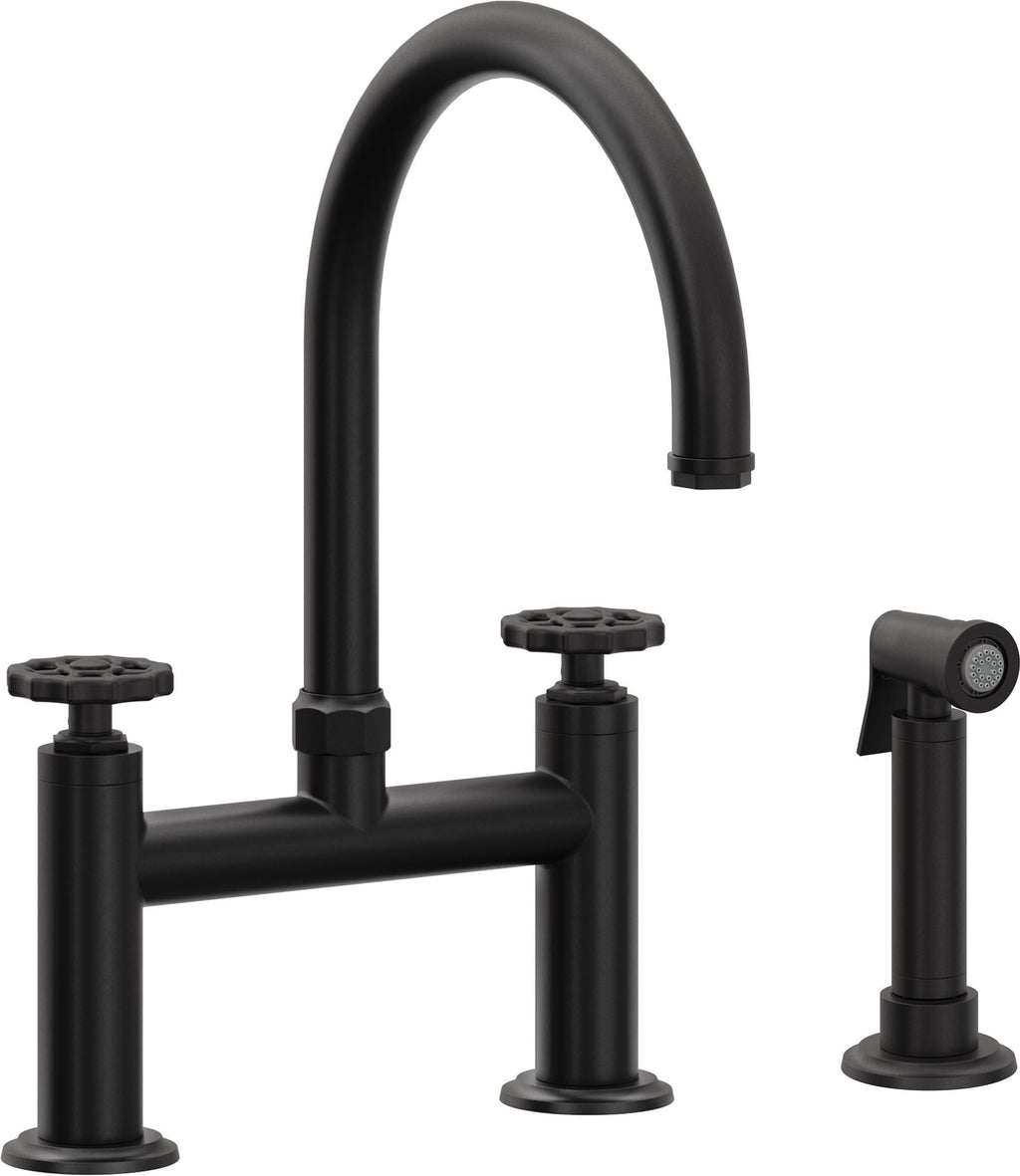 California Faucets Descanso Works Llave de Cocina Tipo Puente Industrial con Rociador Lateral - Pico en Arco - Negro Mate