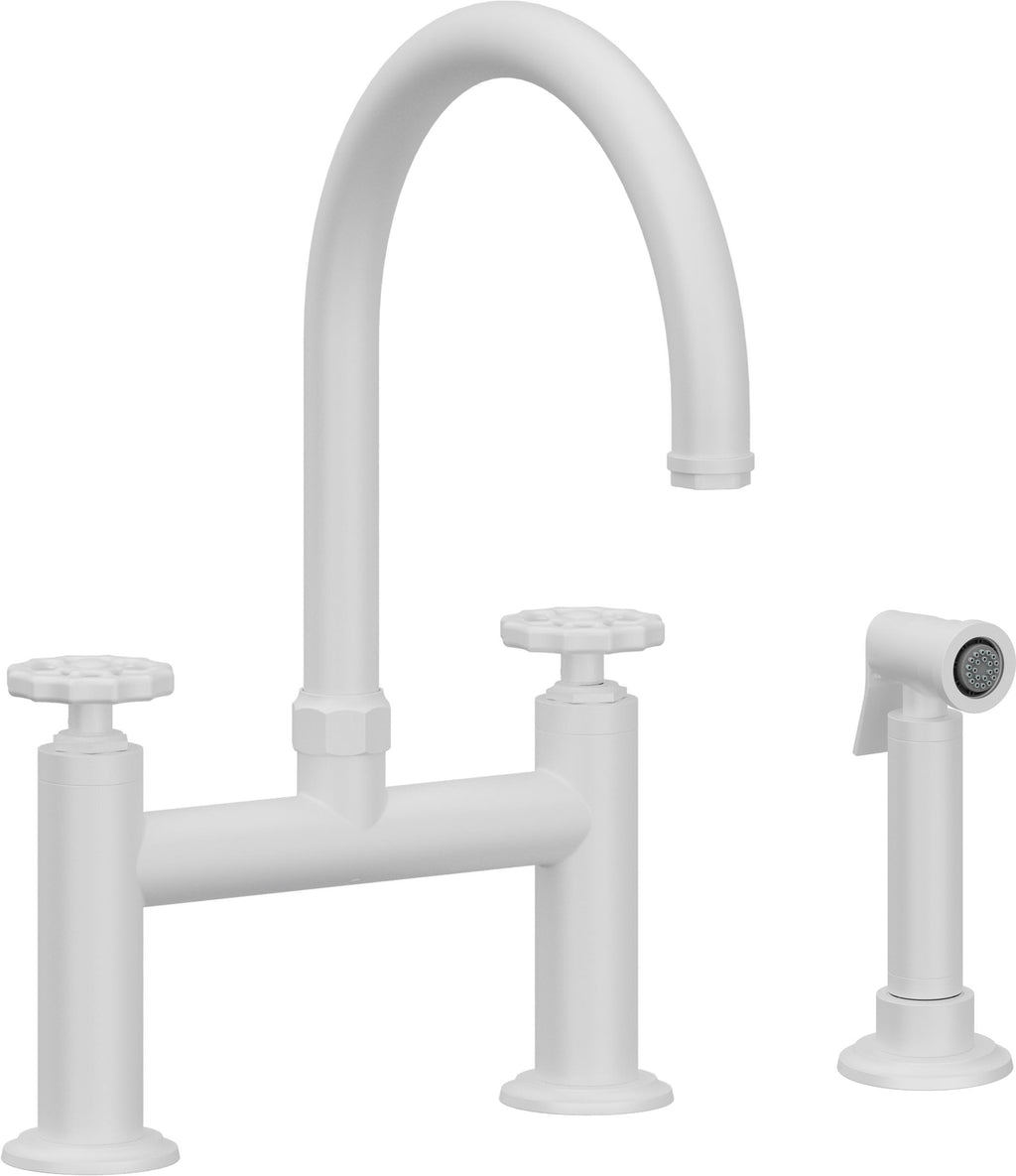 California Faucets Descanso Works Llave de Cocina Tipo Puente Industrial con Rociador Lateral - Pico en Arco - Blanco Mate
