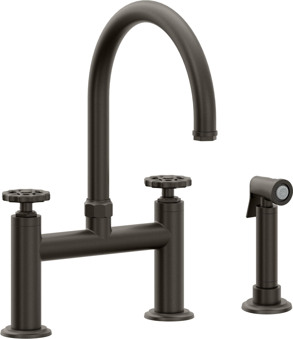 California Faucets Descanso Works Llave de Cocina Tipo Puente Industrial con Rociador Lateral - Pico en Arco - Bronce Oscuro