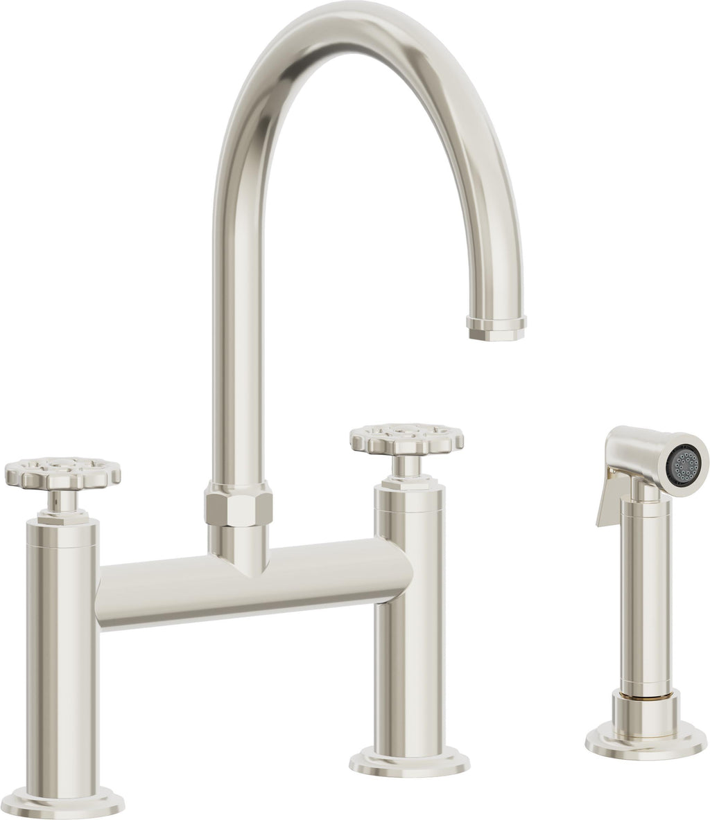California Faucets Descanso Works Llave de Cocina Tipo Puente Industrial con Rociador Lateral - Pico en Arco - Níquel Pulido