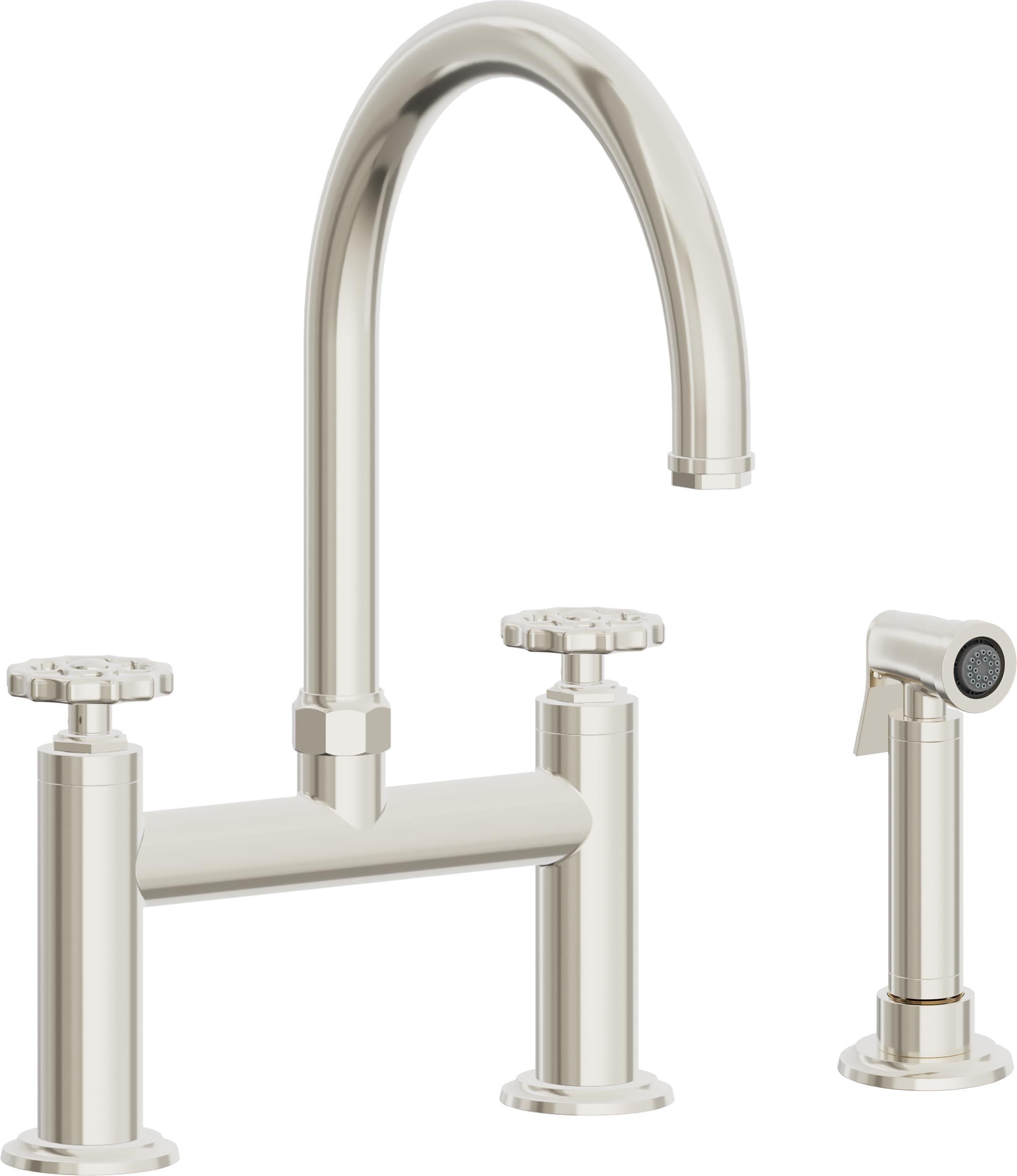 California Faucets Descanso Works Llave de Cocina Tipo Puente Industrial con Rociador Lateral - Pico en Arco - Níquel Pulido