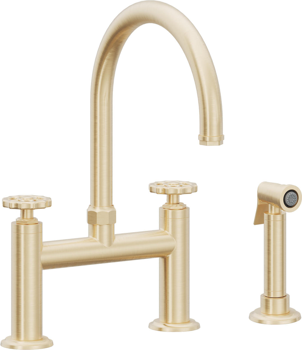 California Faucets Descanso Works Llave de Cocina Tipo Puente Industrial con Rociador Lateral - Pico en Arco - Latón Satinado