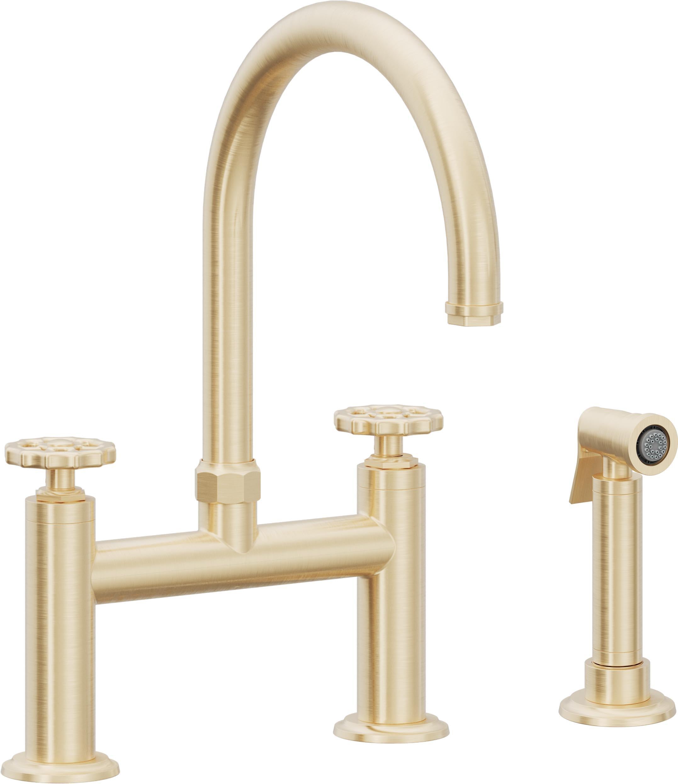 California Faucets Descanso Works Llave de Cocina Tipo Puente Industrial con Rociador Lateral - Pico en Arco - Latón Satinado