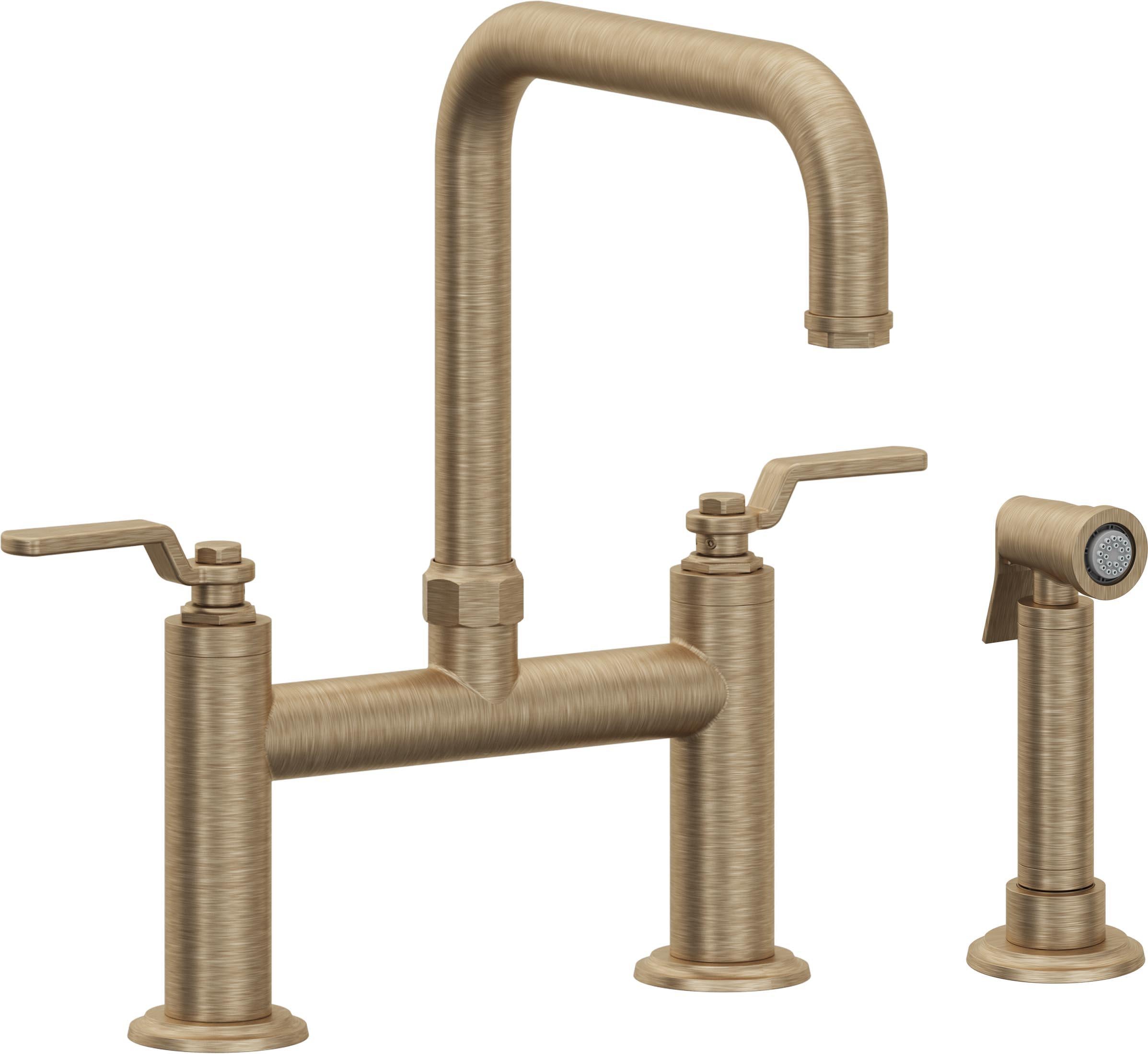 California Faucets Descanso Works Llave de Cocina Tipo Puente Industrial con Rociador Lateral - Pico Cuadruple - Latón Antiguo Mate