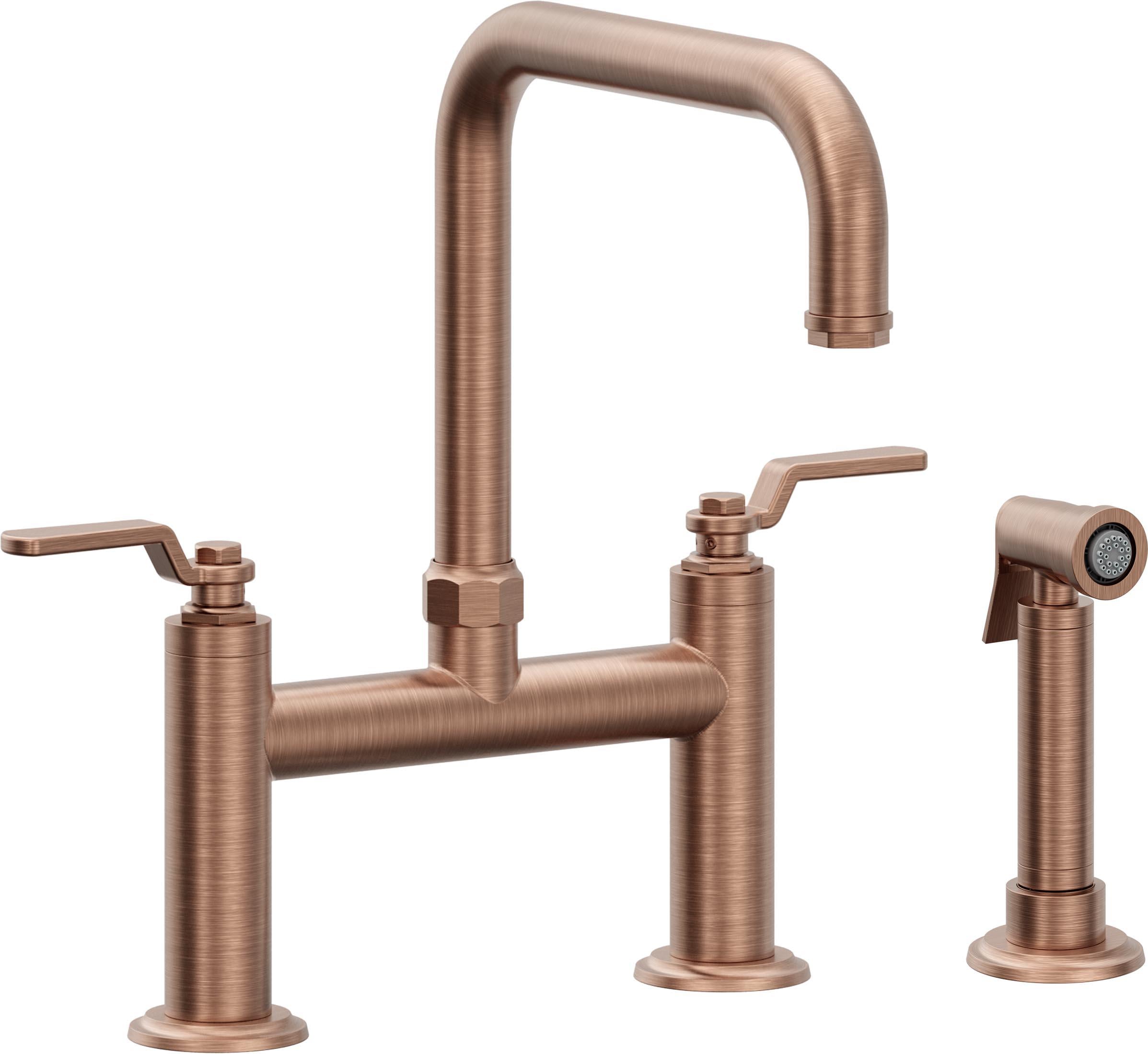 California Faucets Descanso Works Llave de Cocina Tipo Puente Industrial con Rociador Lateral - Pico Cuadruple - Cobre Antiguo Mate
