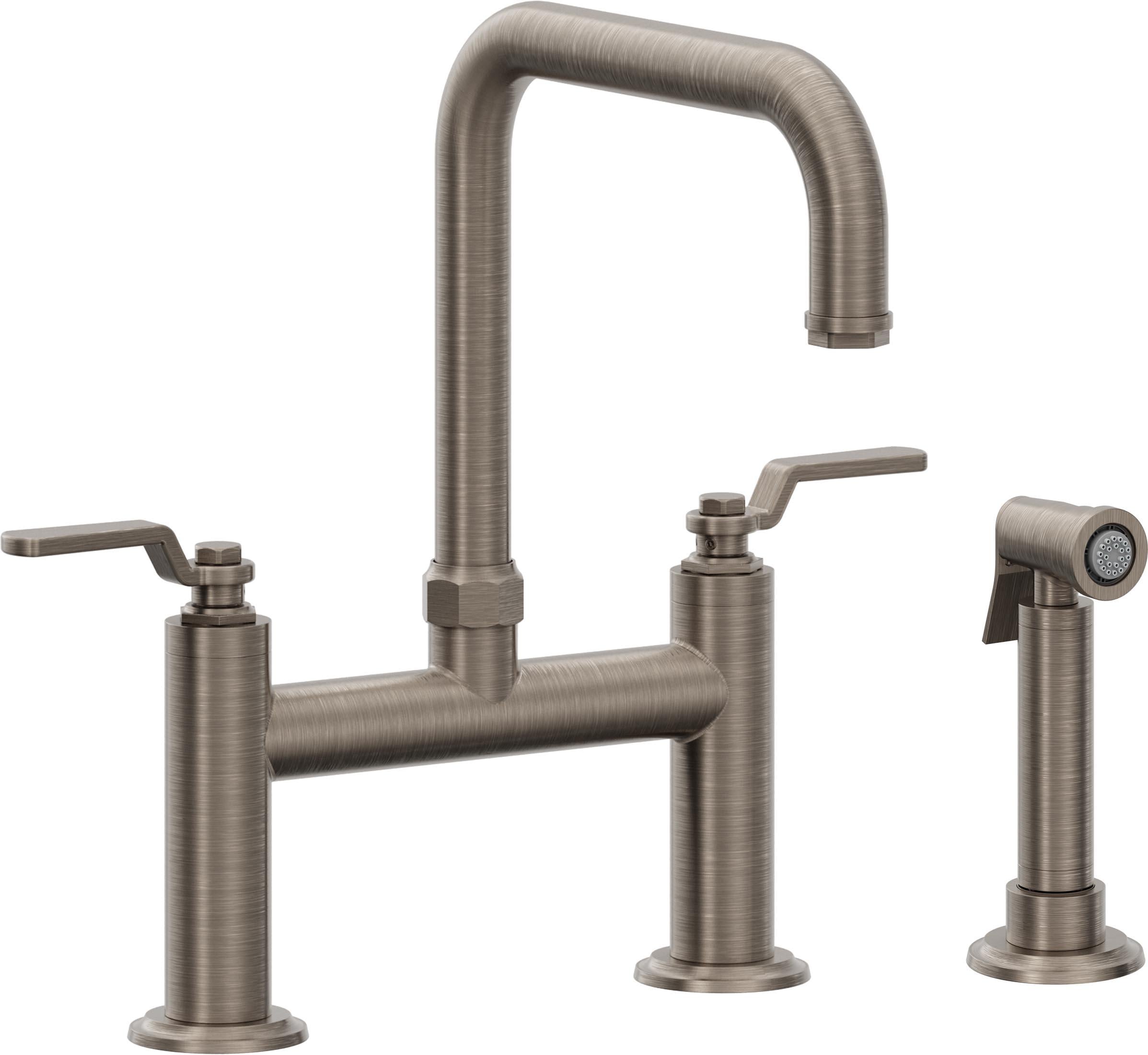 California Faucets Descanso Works Llave de Cocina Tipo Puente Industrial con Rociador Lateral - Pico Cuadruple - Níquel Antiguo Mate