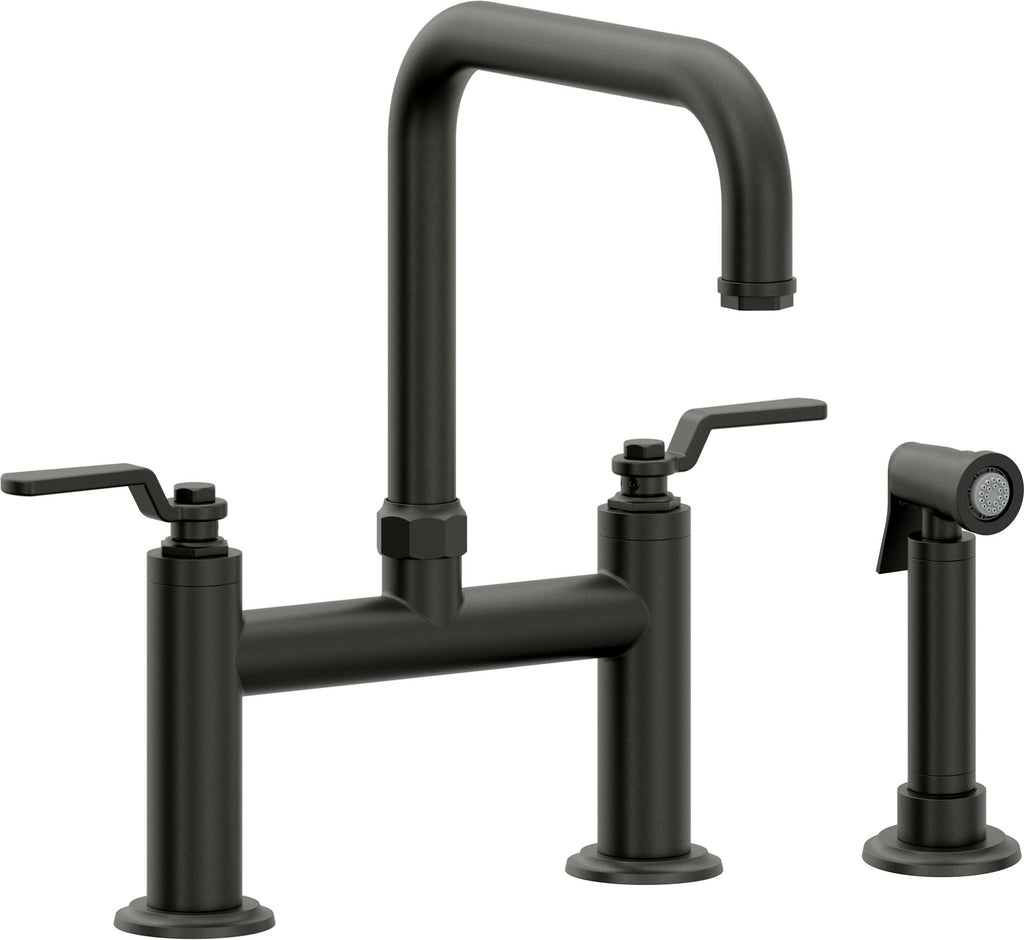 California Faucets Descanso Works Llave de Cocina Tipo Puente Industrial con Rociador Lateral - Pico Cuadruple - Bronce Bella Terra