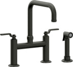 California Faucets Descanso Works Llave de Cocina Tipo Puente Industrial con Rociador Lateral - Pico Cuadruple - Bronce Bella Terra