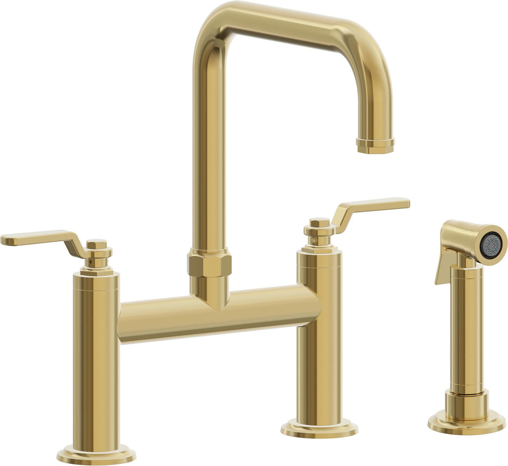 California Faucets Descanso Works Llave de Cocina Tipo Puente Industrial con Rociador Lateral - Pico Cuadruple - Oro Pulido de por Vida