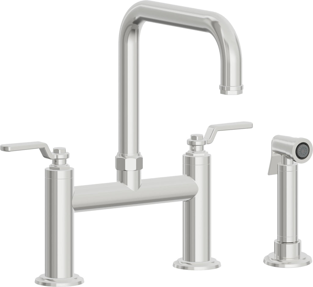 California Faucets Descanso Works Llave de Cocina Tipo Puente Industrial con Rociador Lateral - Pico Cuadruple - Cromo Pulido