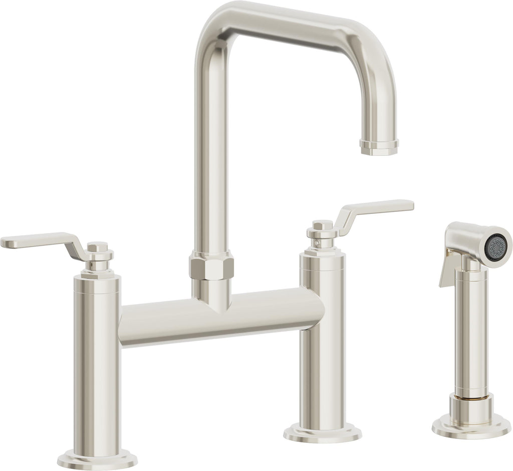 California Faucets Descanso Works Llave de Cocina Tipo Puente Industrial con Rociador Lateral - Pico Cuadruple - Níquel Pulido