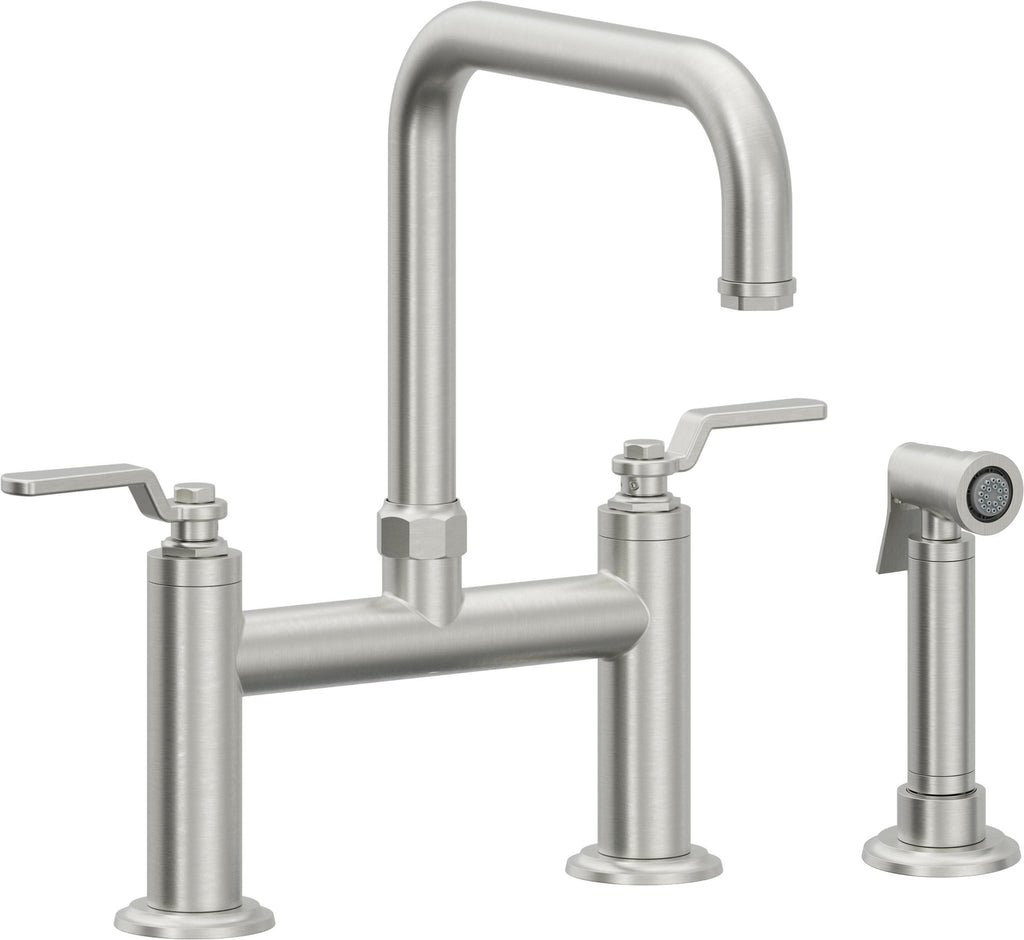 California Faucets Descanso Works Llave de Cocina Tipo Puente Industrial con Rociador Lateral - Pico Cuadruple - Cromo Satinado