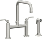 California Faucets Descanso Works Llave de Cocina Tipo Puente Industrial con Rociador Lateral - Pico Cuadruple - Cromo Satinado