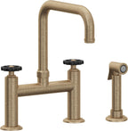 California Faucets Descanso Works Llave de Cocina Tipo Puente Industrial con Rociador Lateral - Pico Cuadruple - Latón Antiguo Mate